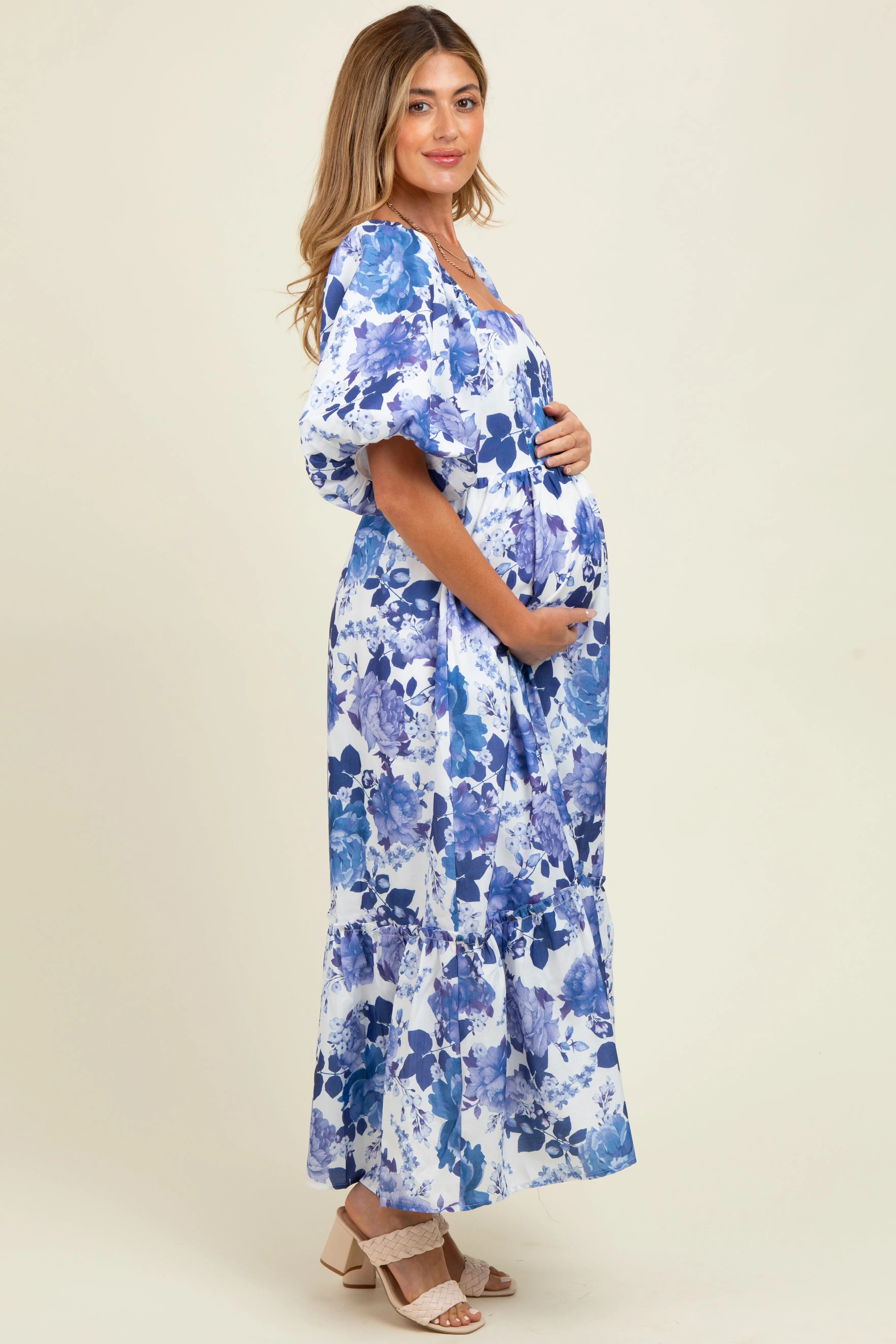 Blue Floral Square Neck Puffed Sleeve Maternity Maxi Dress sold by Pinkblush product image thumbnail 2