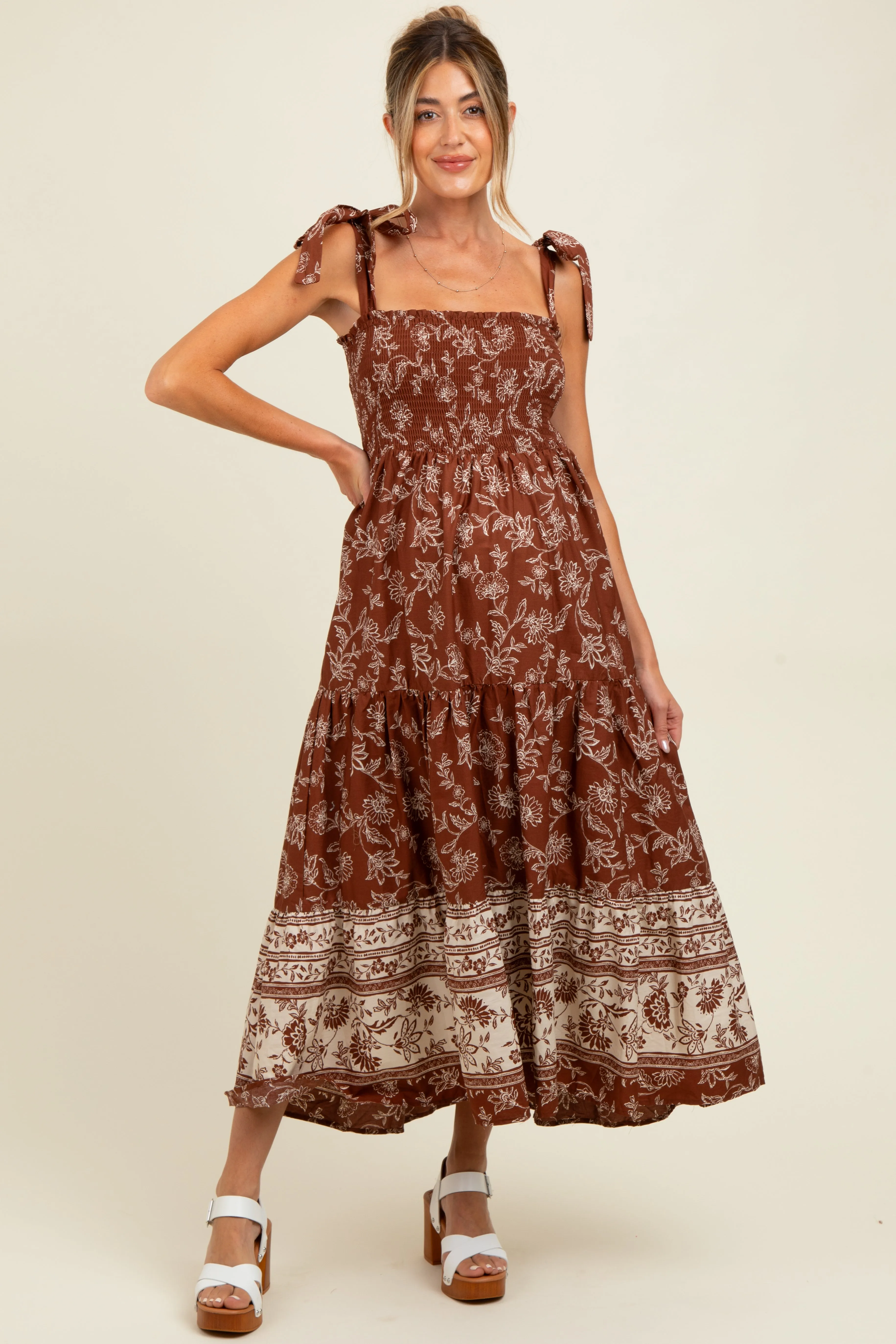 Brown Floral Smocked Shoulder Tie Maternity Maxi Dress sold by Pinkblush