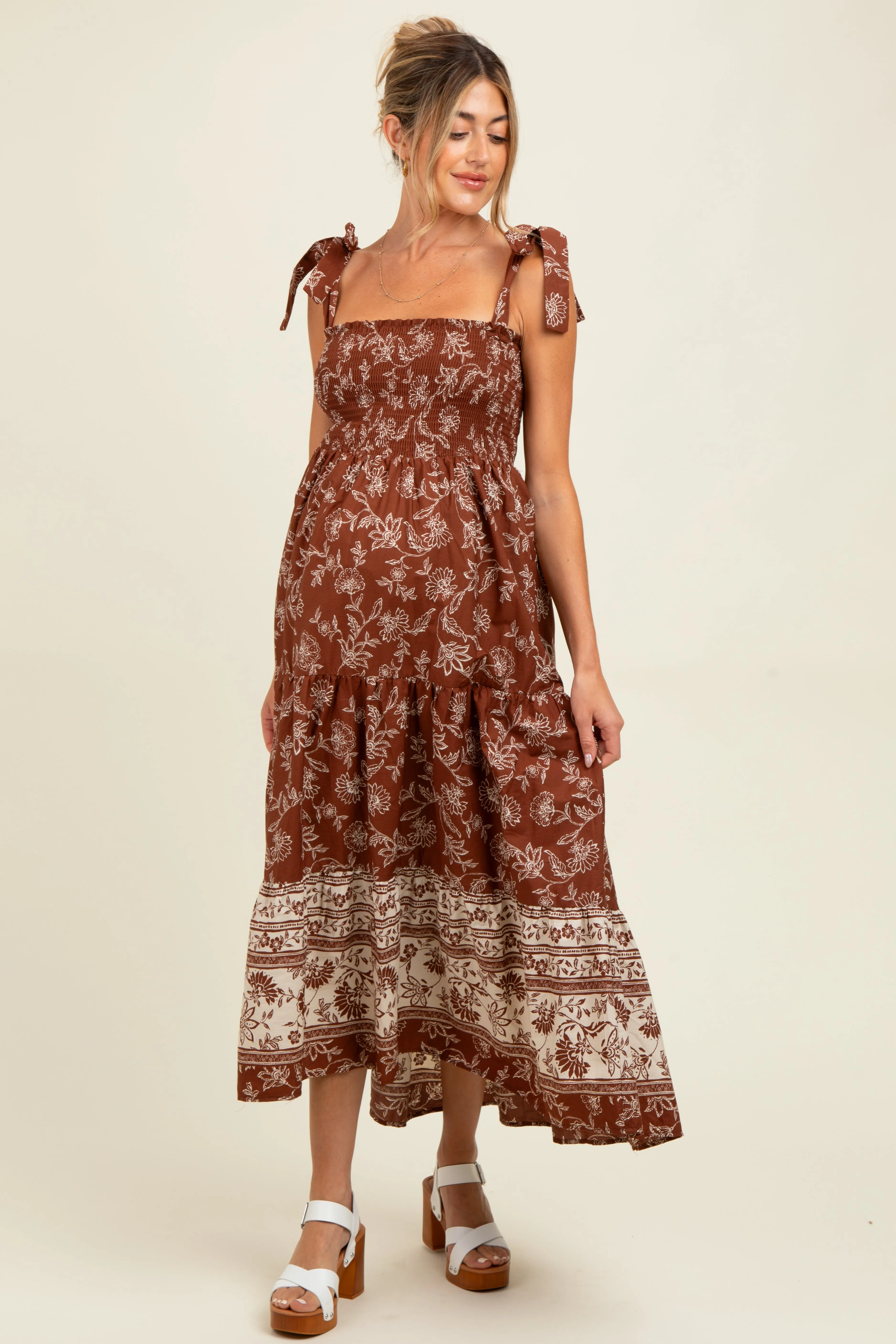 Brown Floral Smocked Shoulder Tie Maternity Maxi Dress sold by Pinkblush product image thumbnail 2