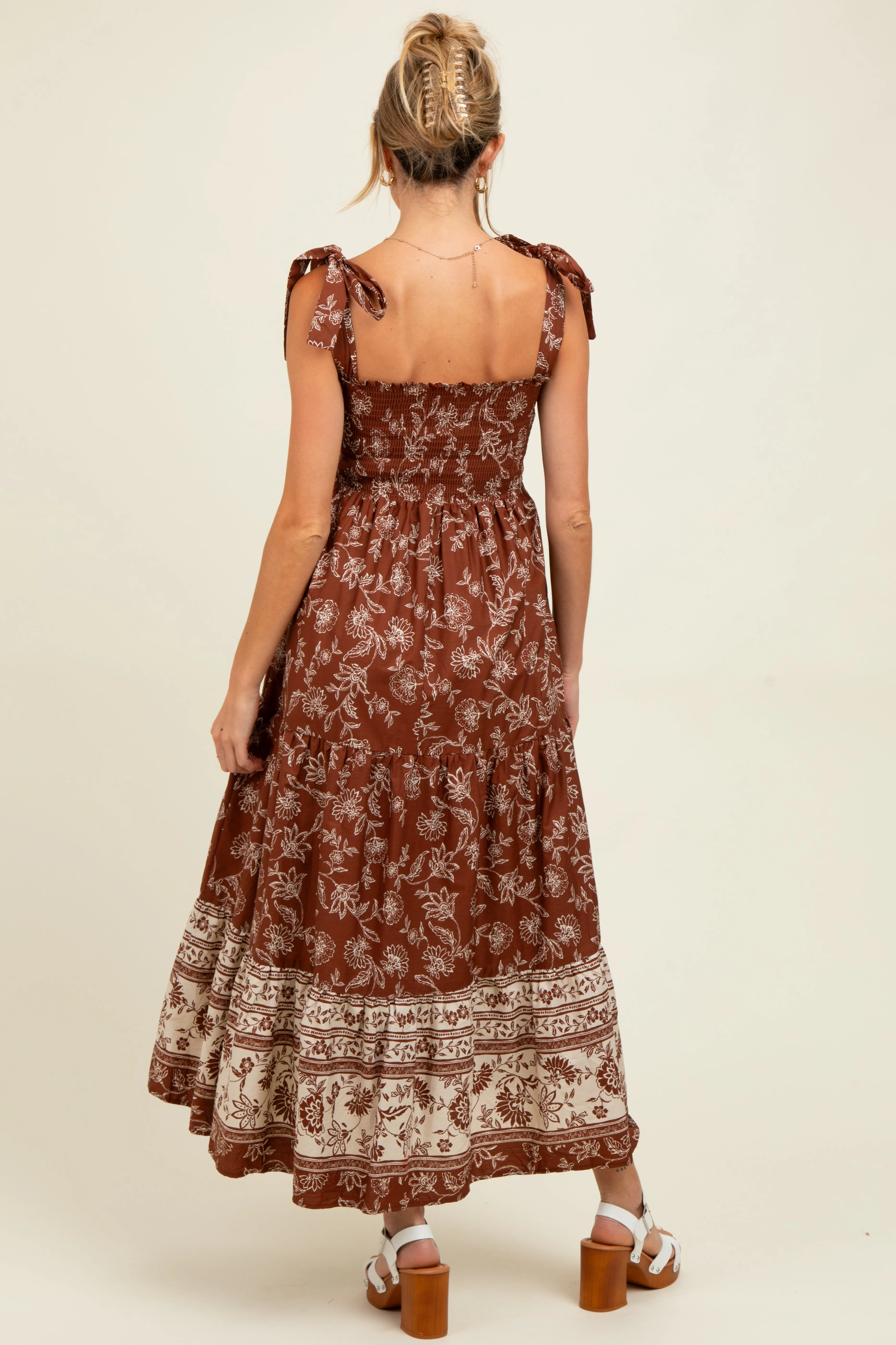 Brown Floral Smocked Shoulder Tie Maternity Maxi Dress sold by Pinkblush product image thumbnail 3