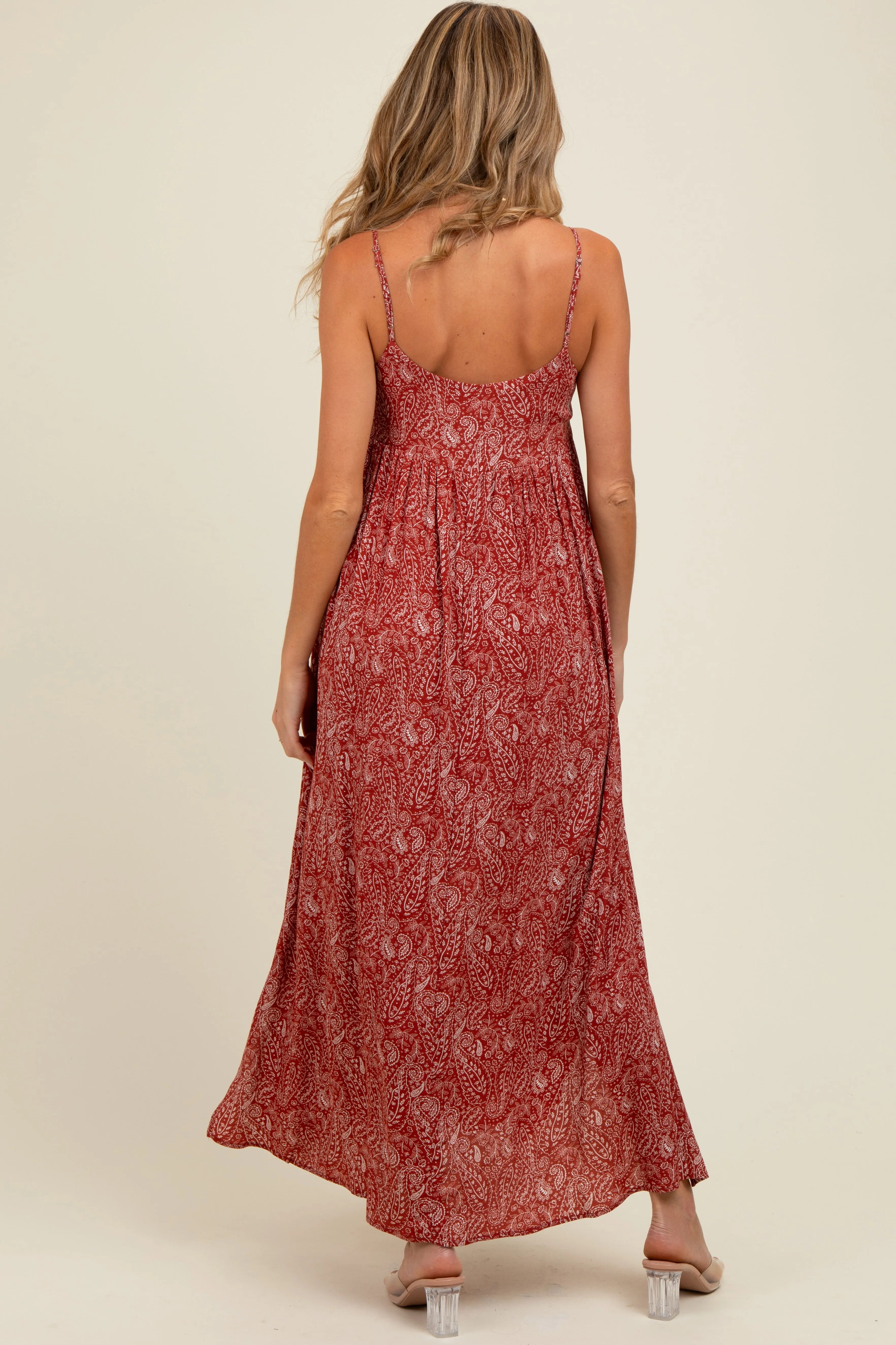 Rust Paisley Print Sleeveless Side Slit Maternity Maxi Dress sold by Pinkblush product image thumbnail 4