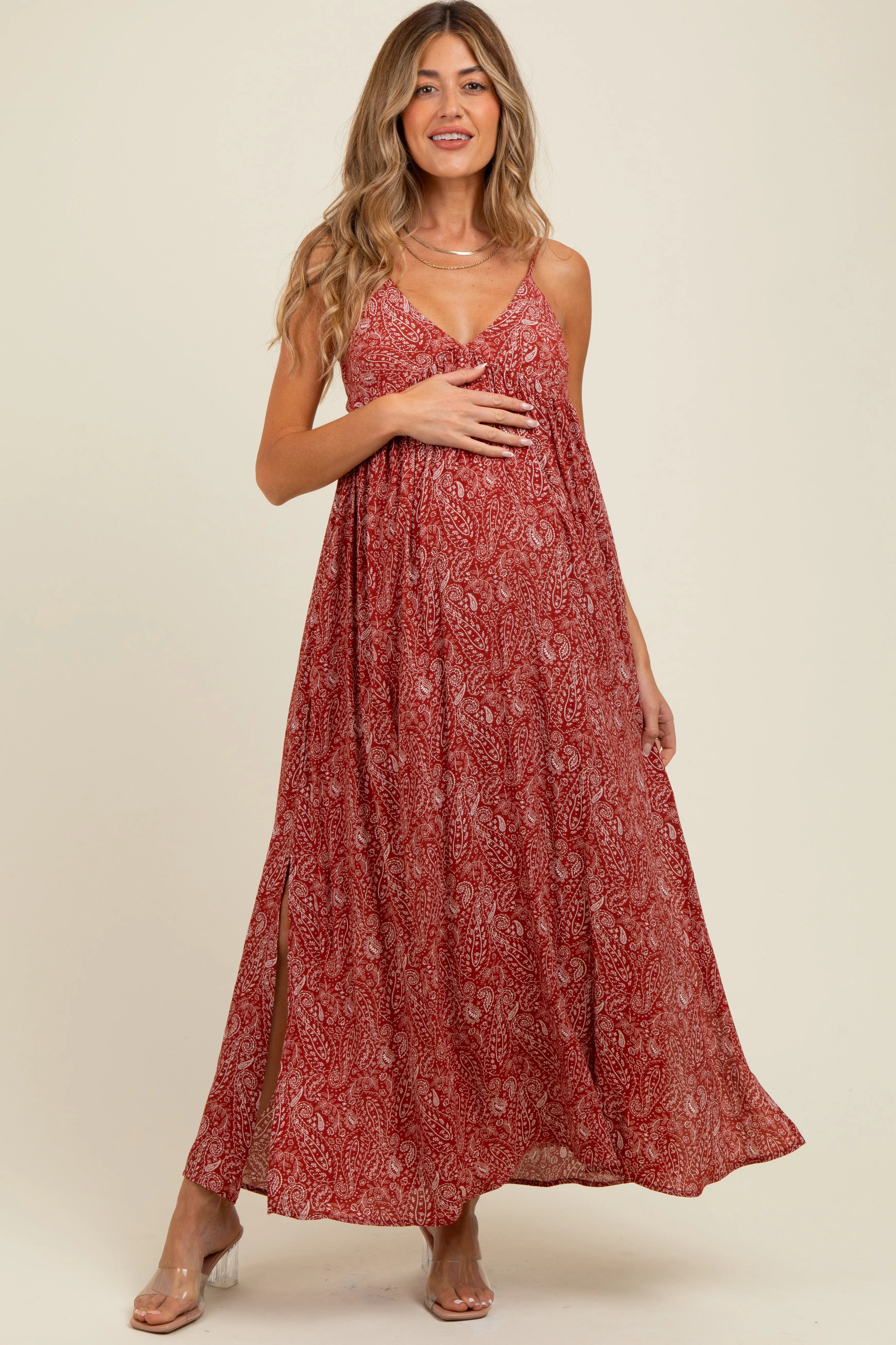 Rust Paisley Print Sleeveless Side Slit Maternity Maxi Dress sold by Pinkblush product image thumbnail 2