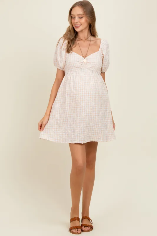 Beige Embroidered Gingham Sweetheart Neck Maternity Mini Dress sold by Pinkblush