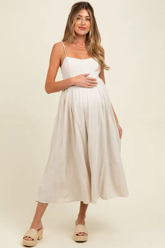 Beige Linen Ribbon Pattern Embroidered Maternity Midi Dress sold by Pinkblush