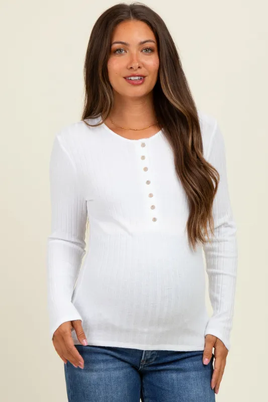 Off White Ribbed Knit Button Long Sleeve Maternity Top sold by Pinkblush
