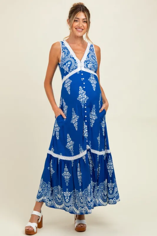 Royal Blue Border Print Resort Maternity Maxi Dress sold by Pinkblush