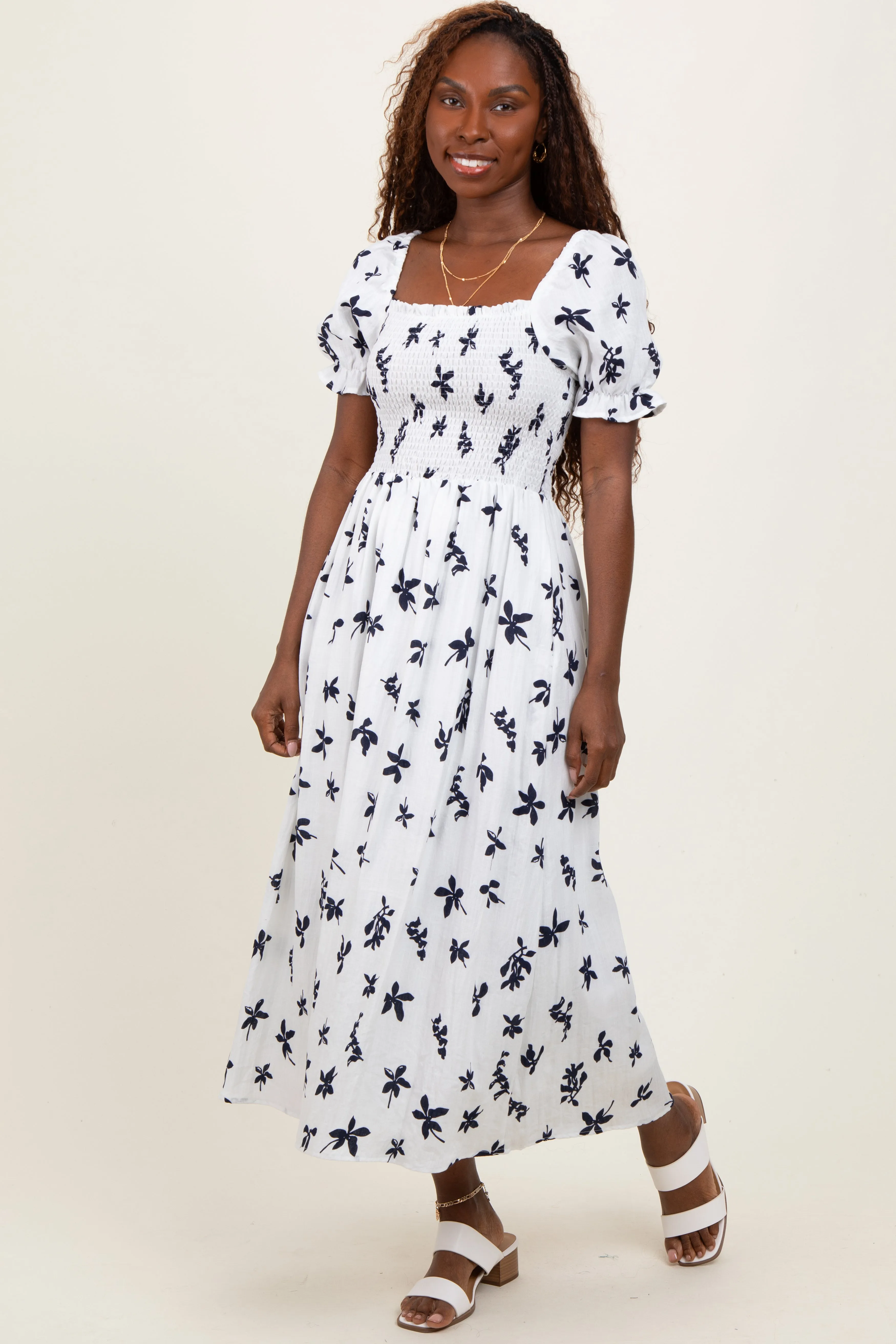 Ivory Floral Puff Sleeve Midi Dress sold by Pinkblush