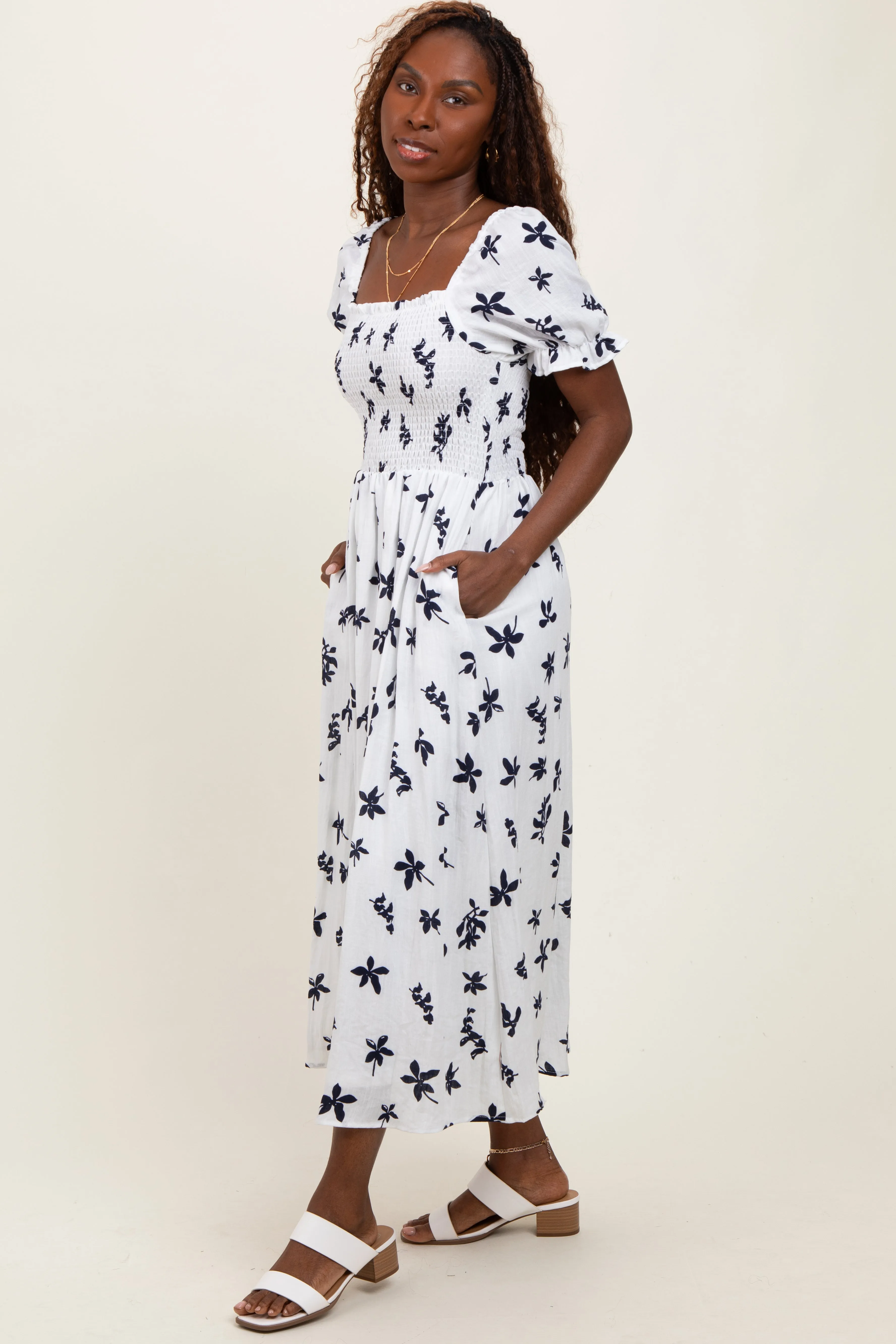 Ivory Floral Puff Sleeve Midi Dress sold by Pinkblush product image thumbnail 2