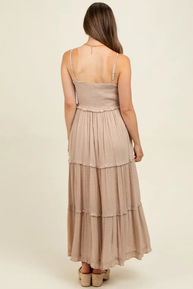 Beige Swiss Dot Smocked Sleeveless Maternity Maxi Dress sold by Pinkblush product image thumbnail 4