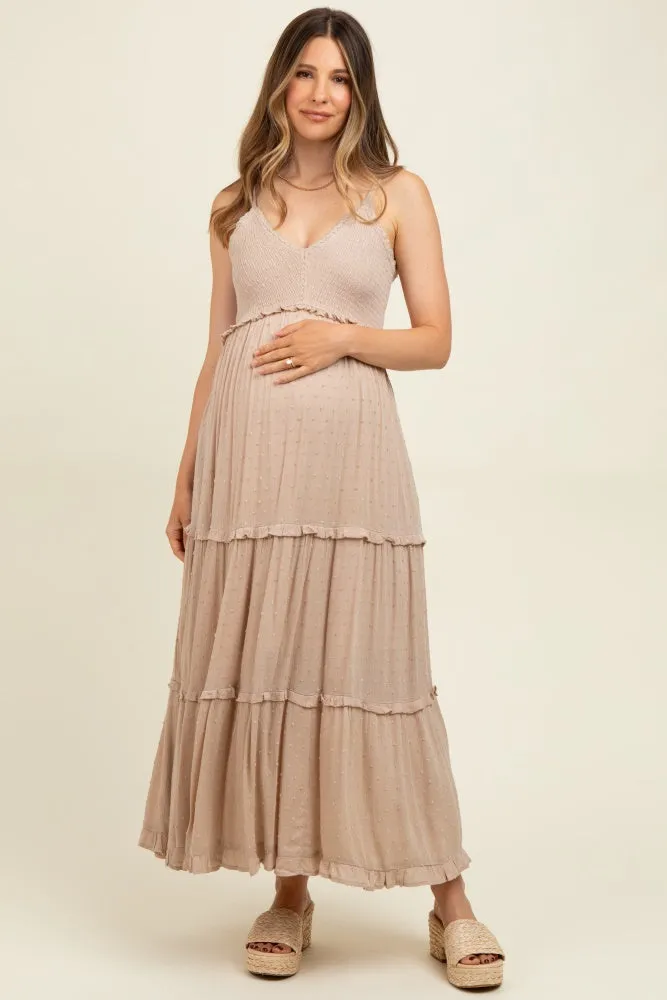Beige Swiss Dot Smocked Sleeveless Maternity Maxi Dress sold by Pinkblush
