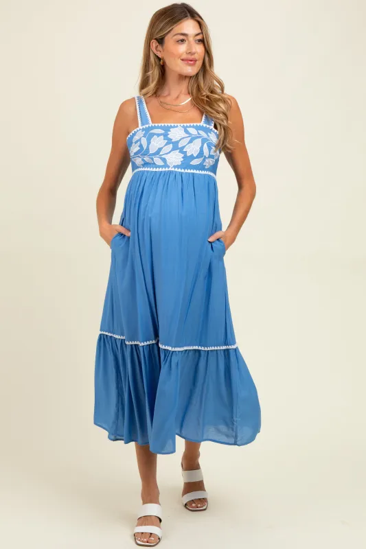 Blue Floral Embroidered Cutout Tie Back Maternity Midi Dress sold by Pinkblush