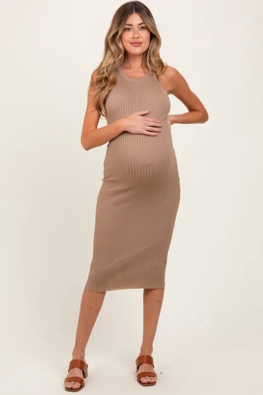 Taupe Ribbed Sleeveless Maternity Midi Dress sold by Pinkblush