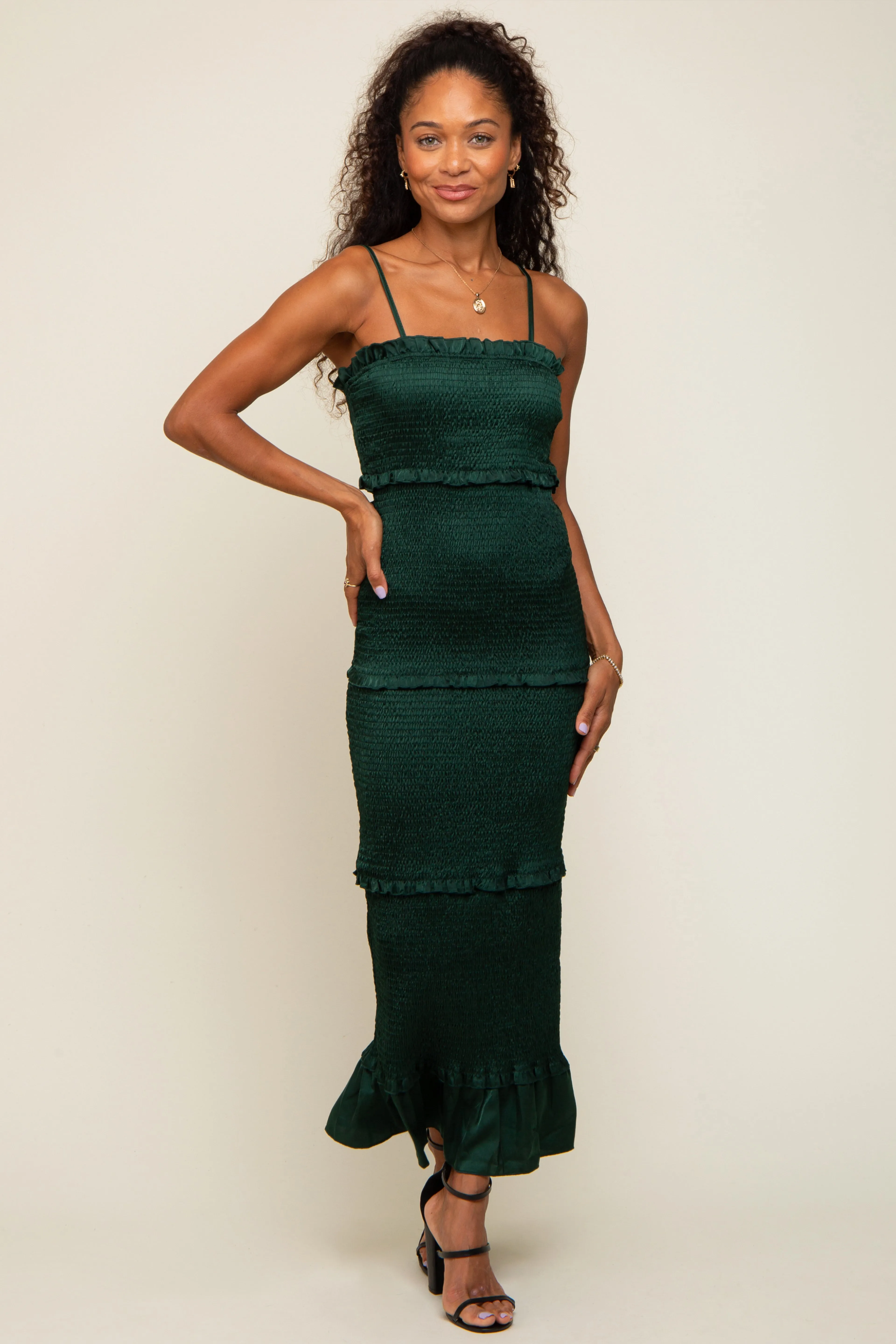 Forest Green Satin Smocked Fitted Maternity Maxi Dress sold by Pinkblush product image thumbnail 4