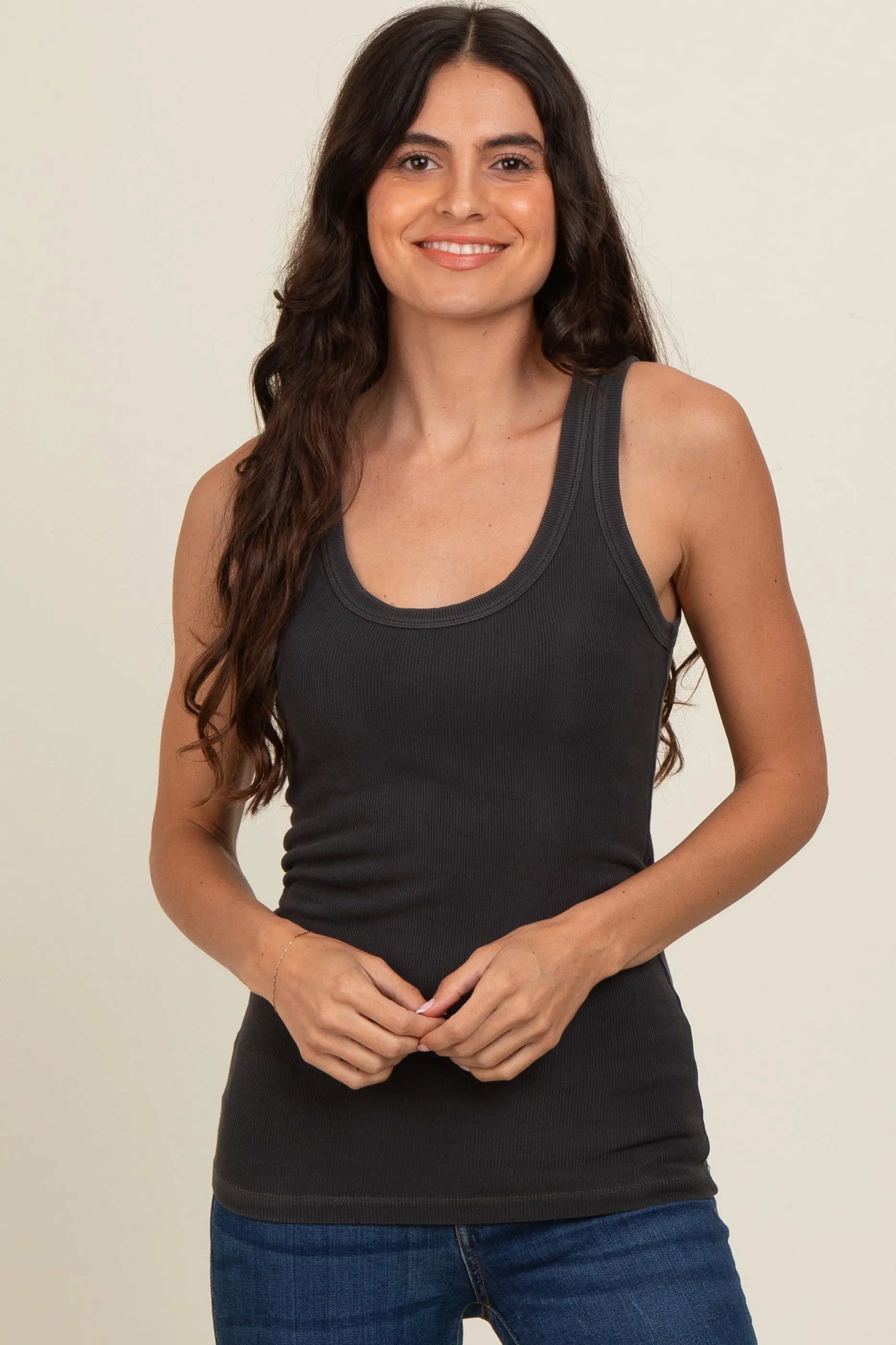 Charcoal Sleeveless Ribbed Top sold by Pinkblush