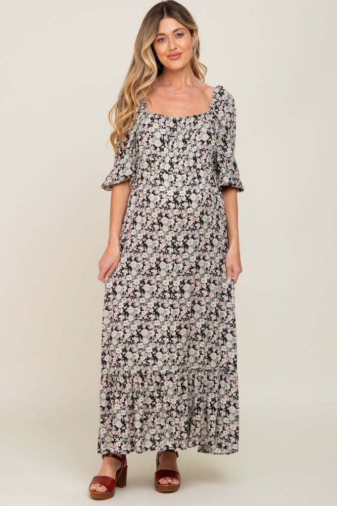 Black Floral Puff Sleeve Maternity Midi Dress sold by Pinkblush product image thumbnail 5
