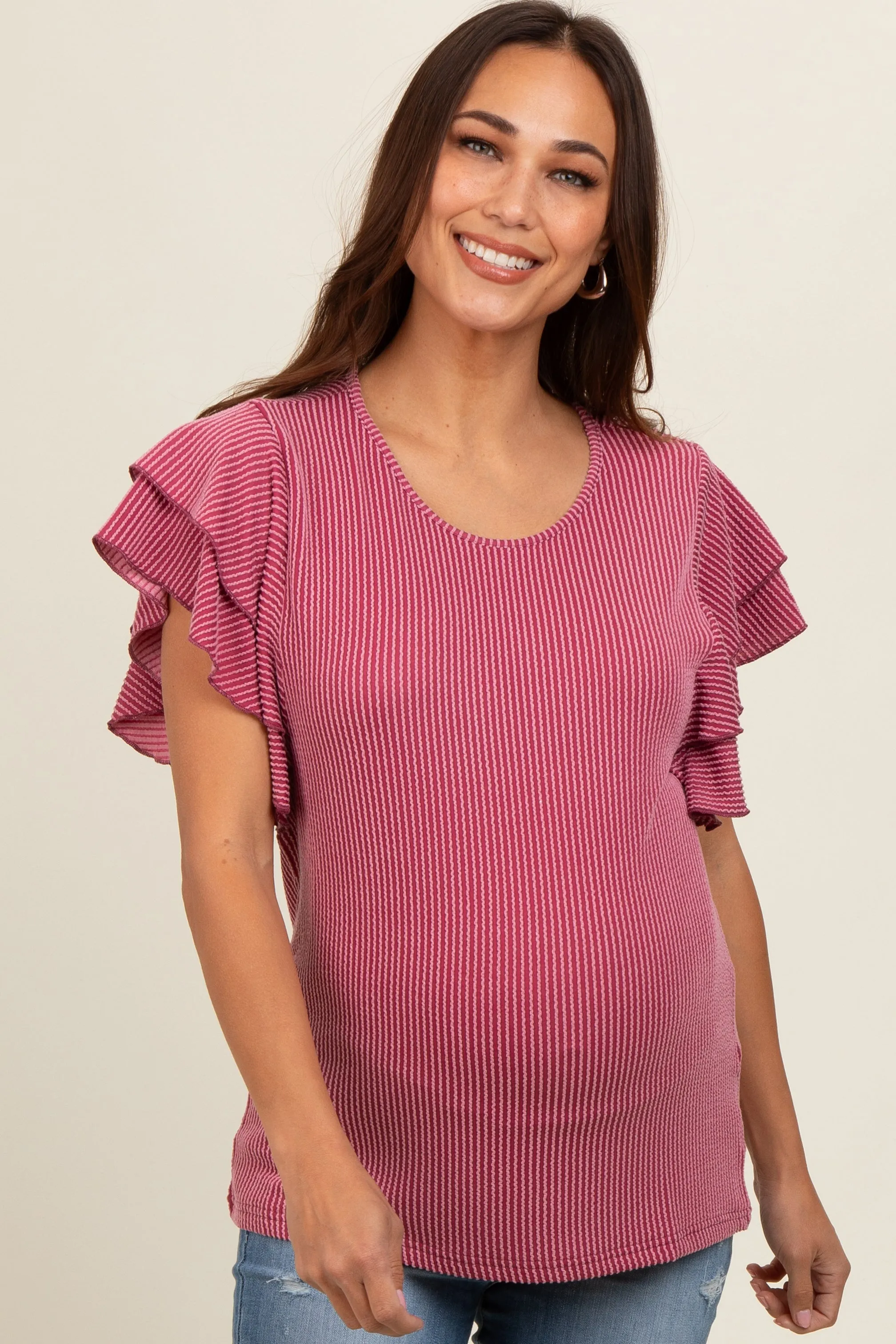 Burgundy Ruffle Sleeve Ribbed Maternity Top sold by Pinkblush product image thumbnail 2