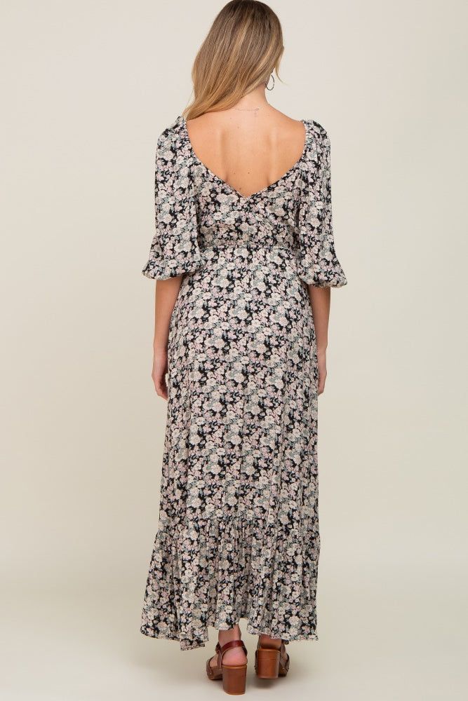 Black Floral Puff Sleeve Maternity Midi Dress sold by Pinkblush product image thumbnail 3