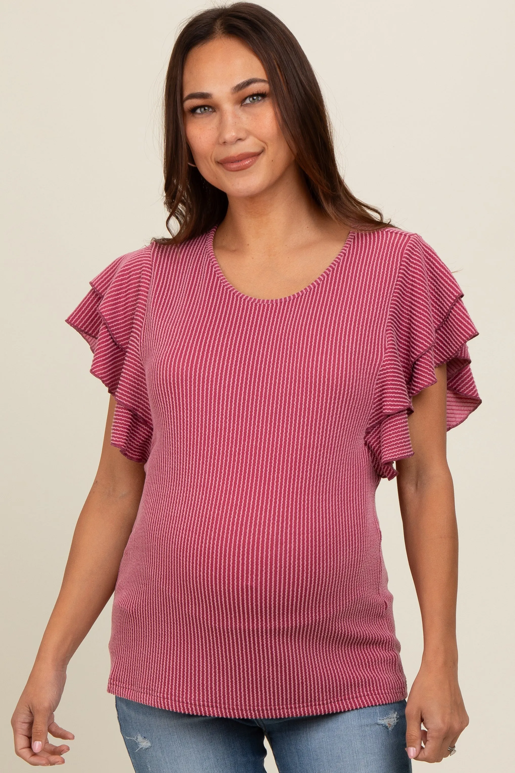 Burgundy Ruffle Sleeve Ribbed Maternity Top sold by Pinkblush