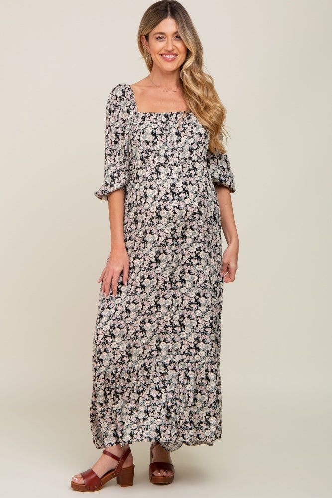 Black Floral Puff Sleeve Maternity Midi Dress sold by Pinkblush product image thumbnail 4