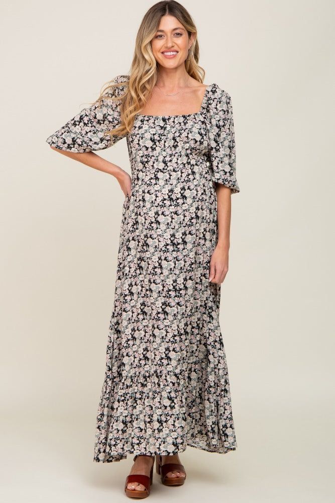 Black Floral Puff Sleeve Maternity Midi Dress sold by Pinkblush