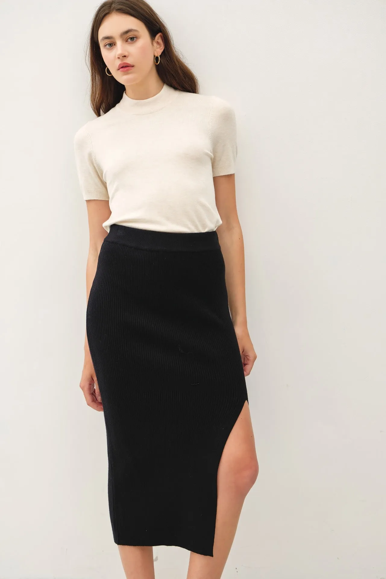 Black Ribbed Knit Side Slit Maternity Midi Skirt sold by Pinkblush product image thumbnail 5