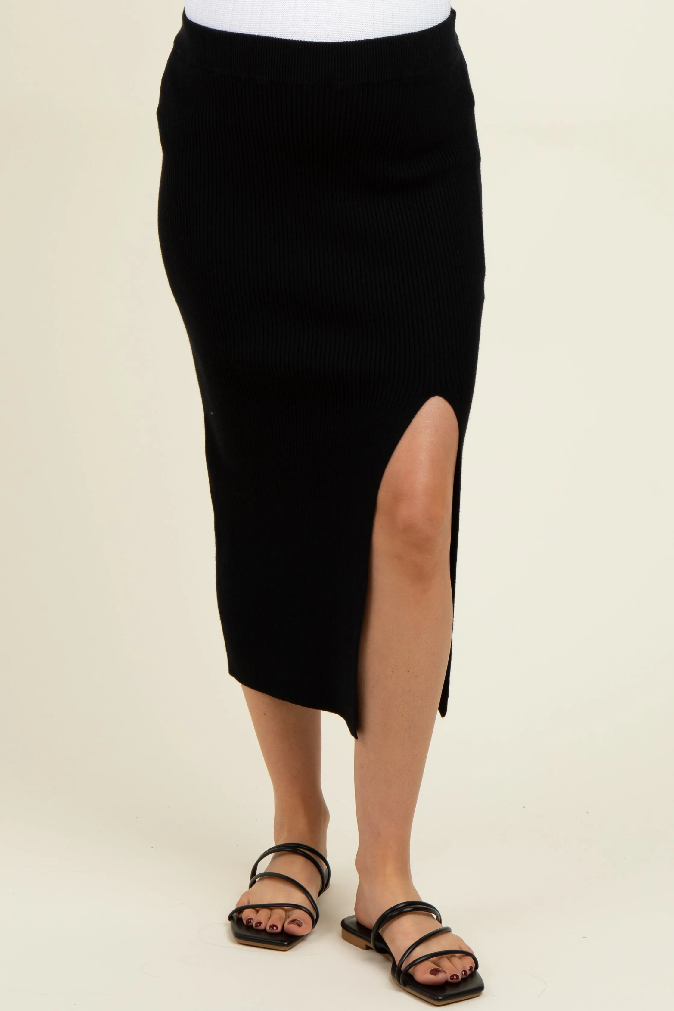 Black Ribbed Knit Side Slit Maternity Midi Skirt sold by Pinkblush product image thumbnail 2