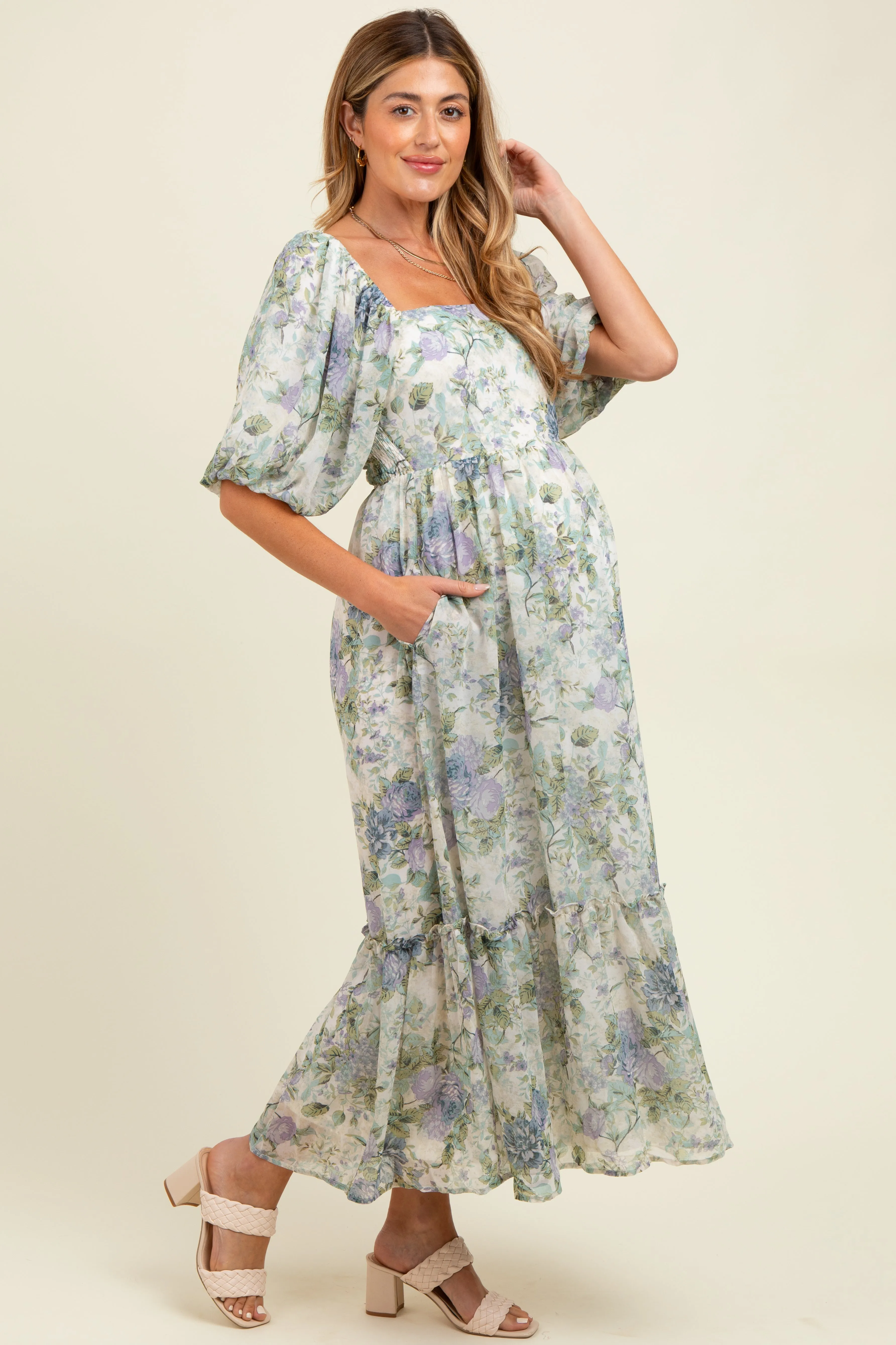 Lavender Floral Square Neck Puffed Sleeve Maternity Maxi Dress sold by Pinkblush product image thumbnail 3