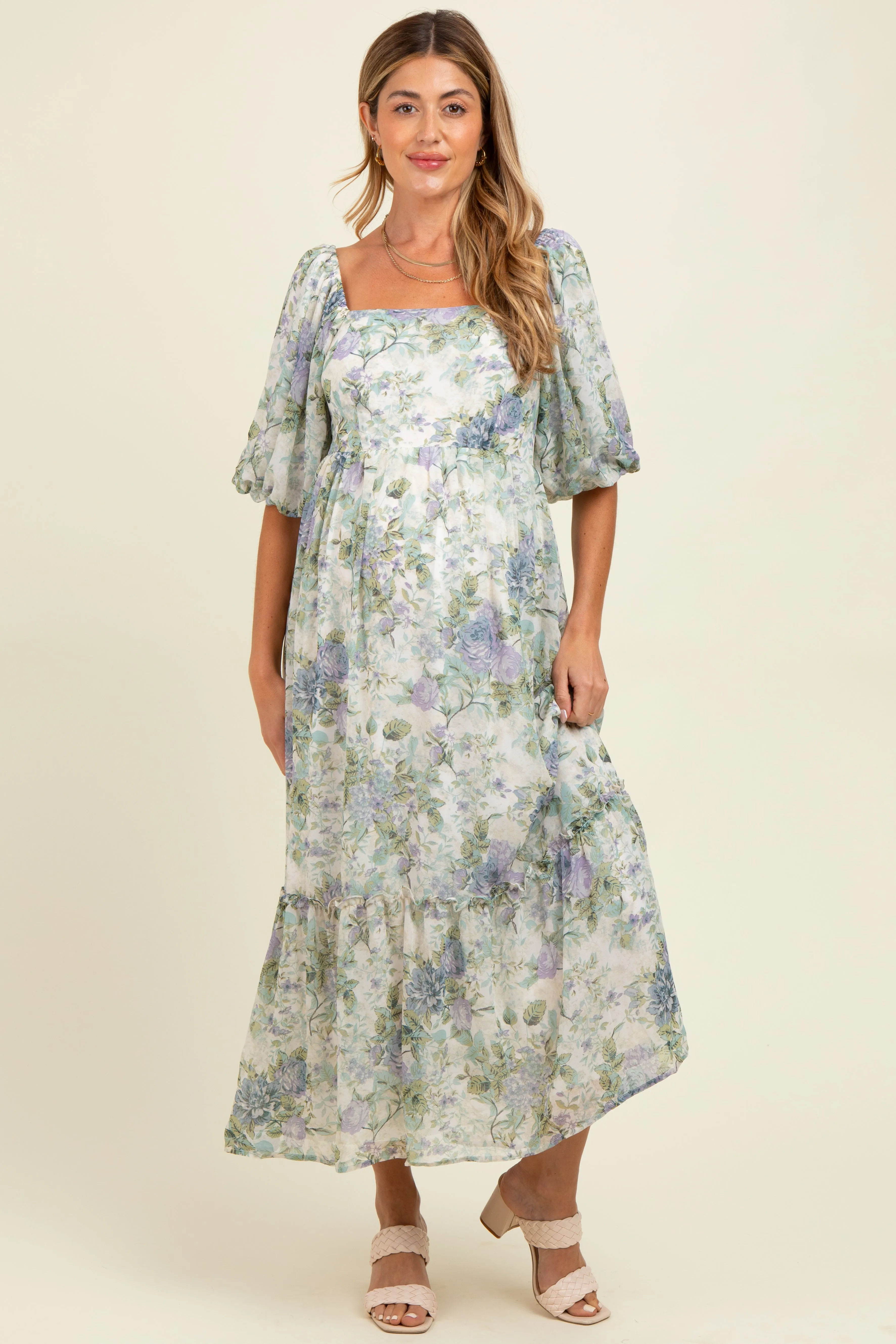 Lavender Floral Square Neck Puffed Sleeve Maternity Maxi Dress sold by Pinkblush