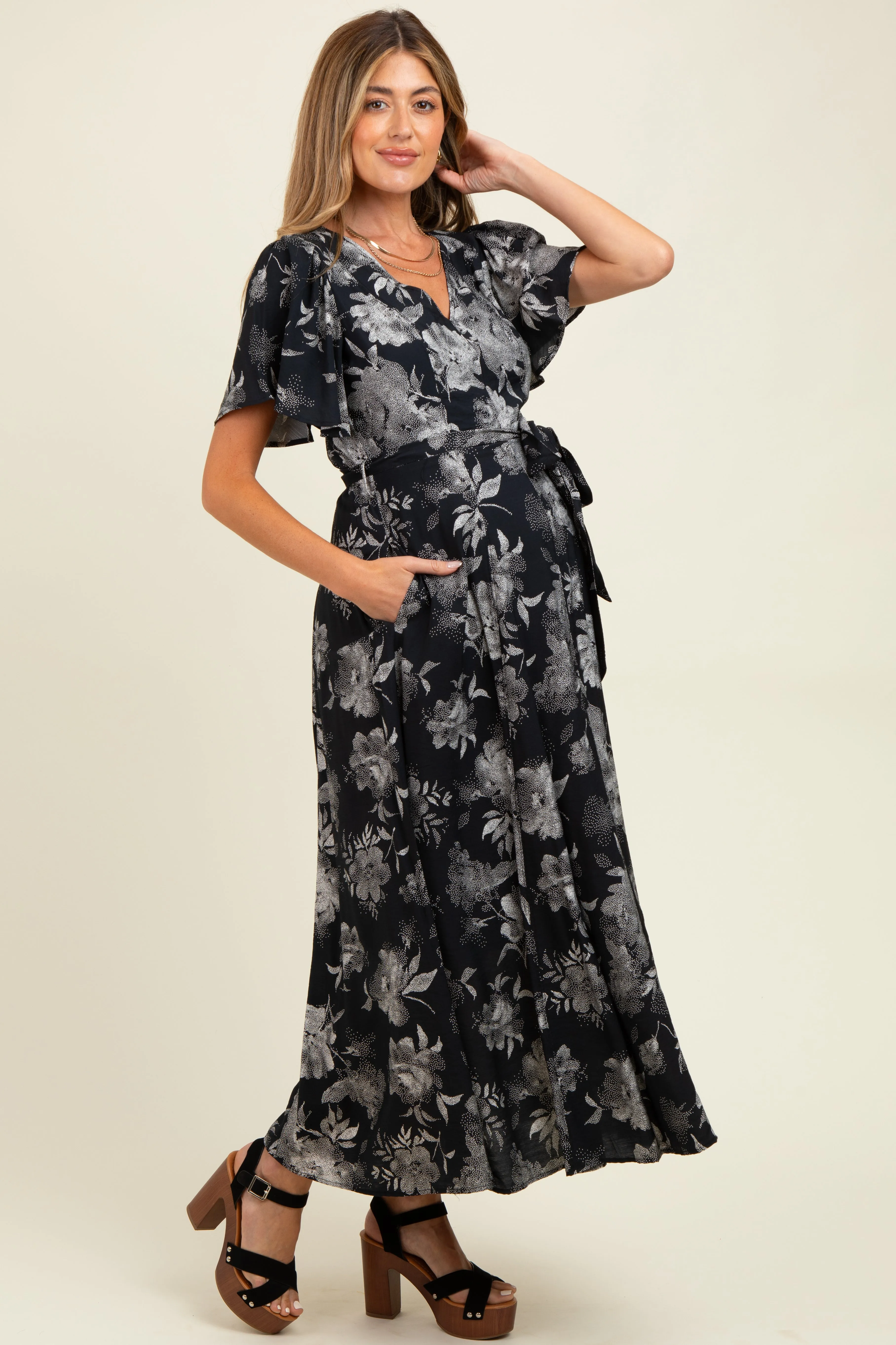 Black Multi Floral Flutter Sleeve Maternity Maxi Dress sold by Pinkblush product image thumbnail 3