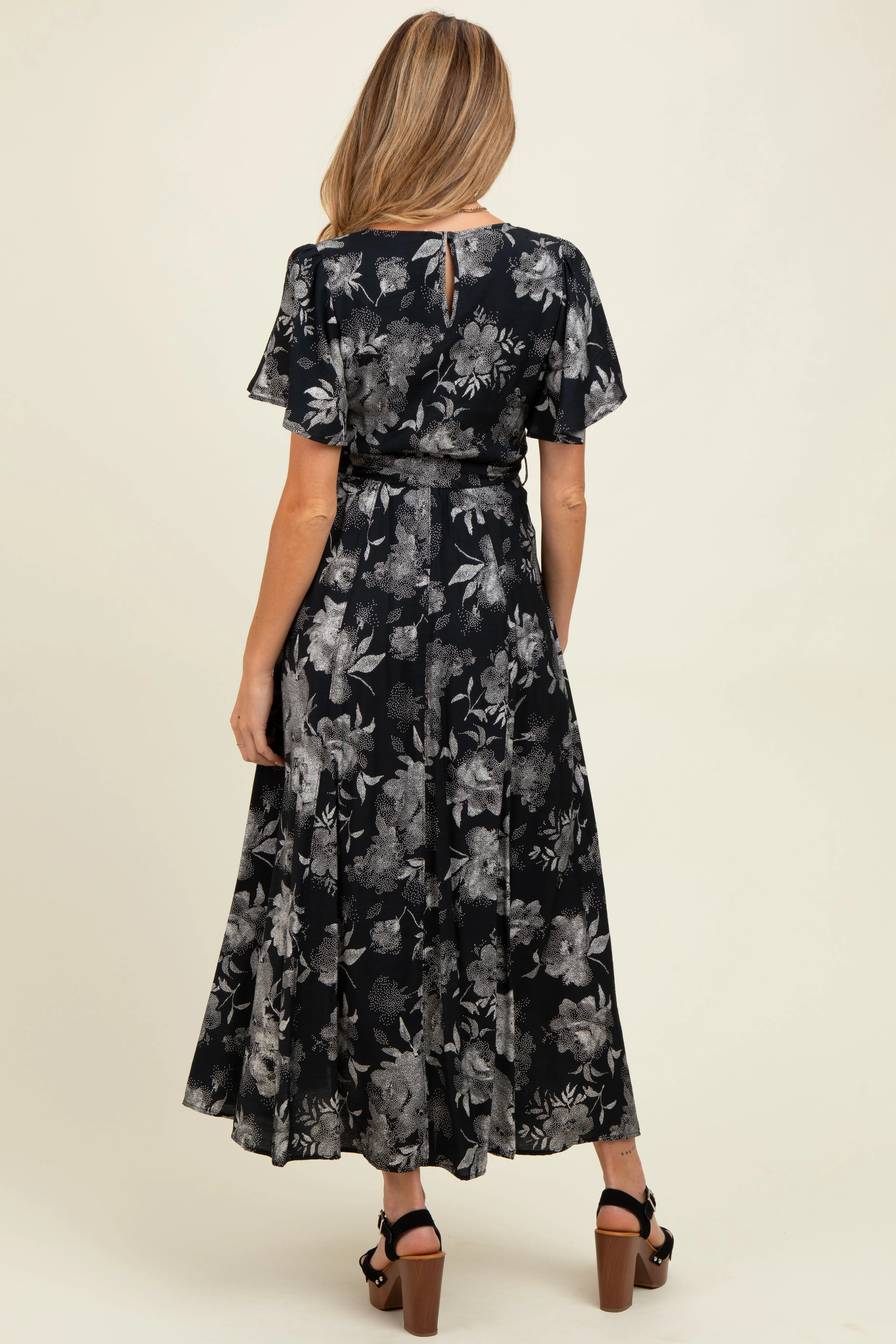 Black Multi Floral Flutter Sleeve Maternity Maxi Dress sold by Pinkblush product image thumbnail 4