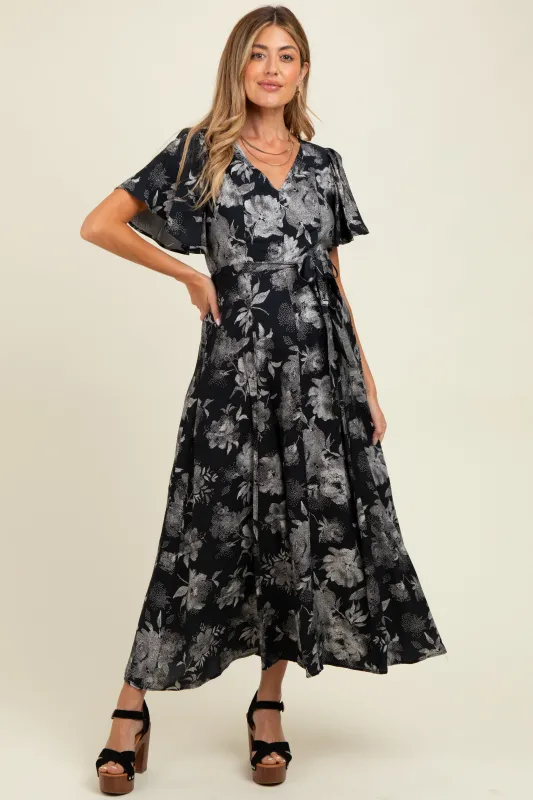 Black Multi Floral Flutter Sleeve Maternity Maxi Dress sold by Pinkblush
