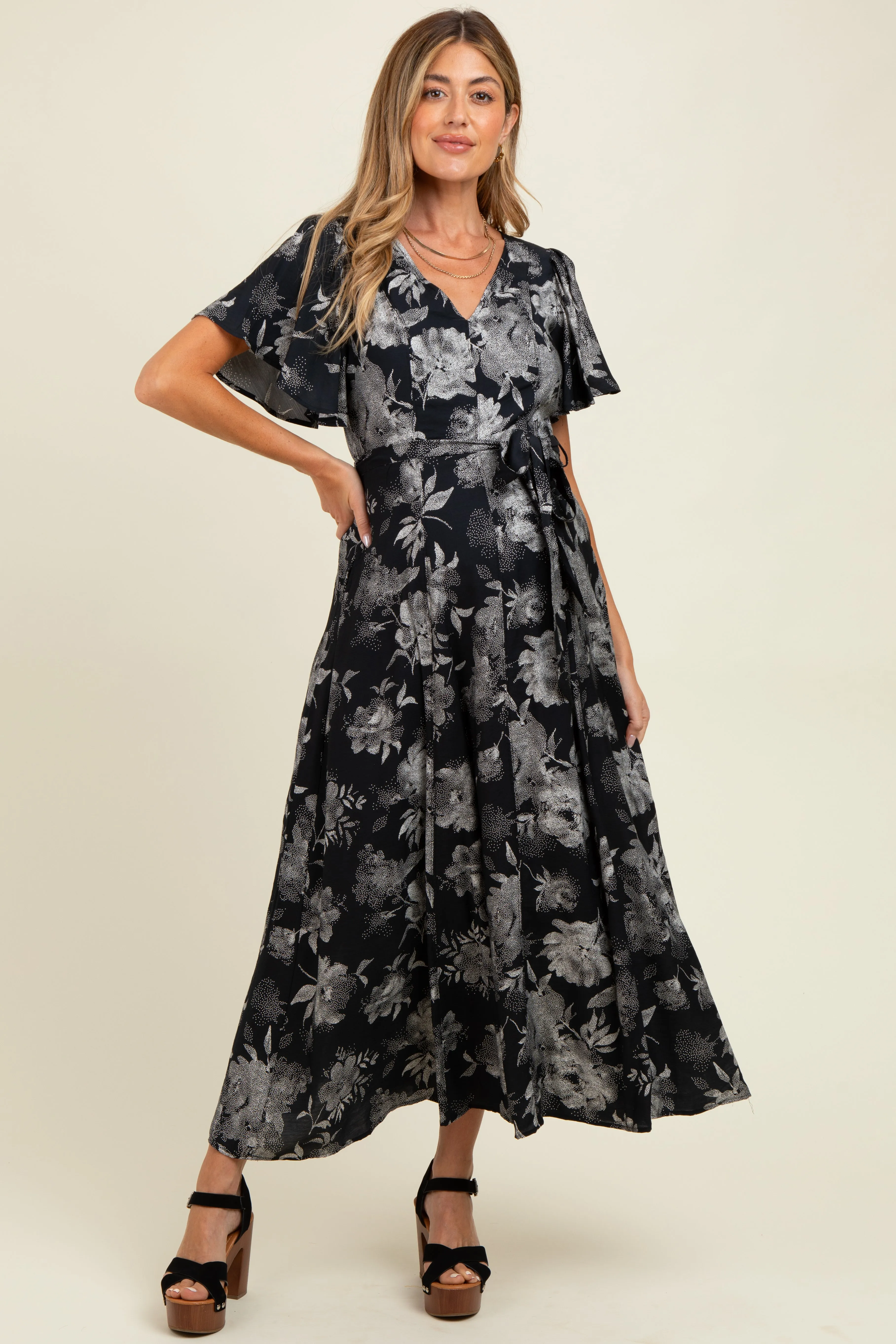 Black Multi Floral Flutter Sleeve Maternity Maxi Dress sold by Pinkblush