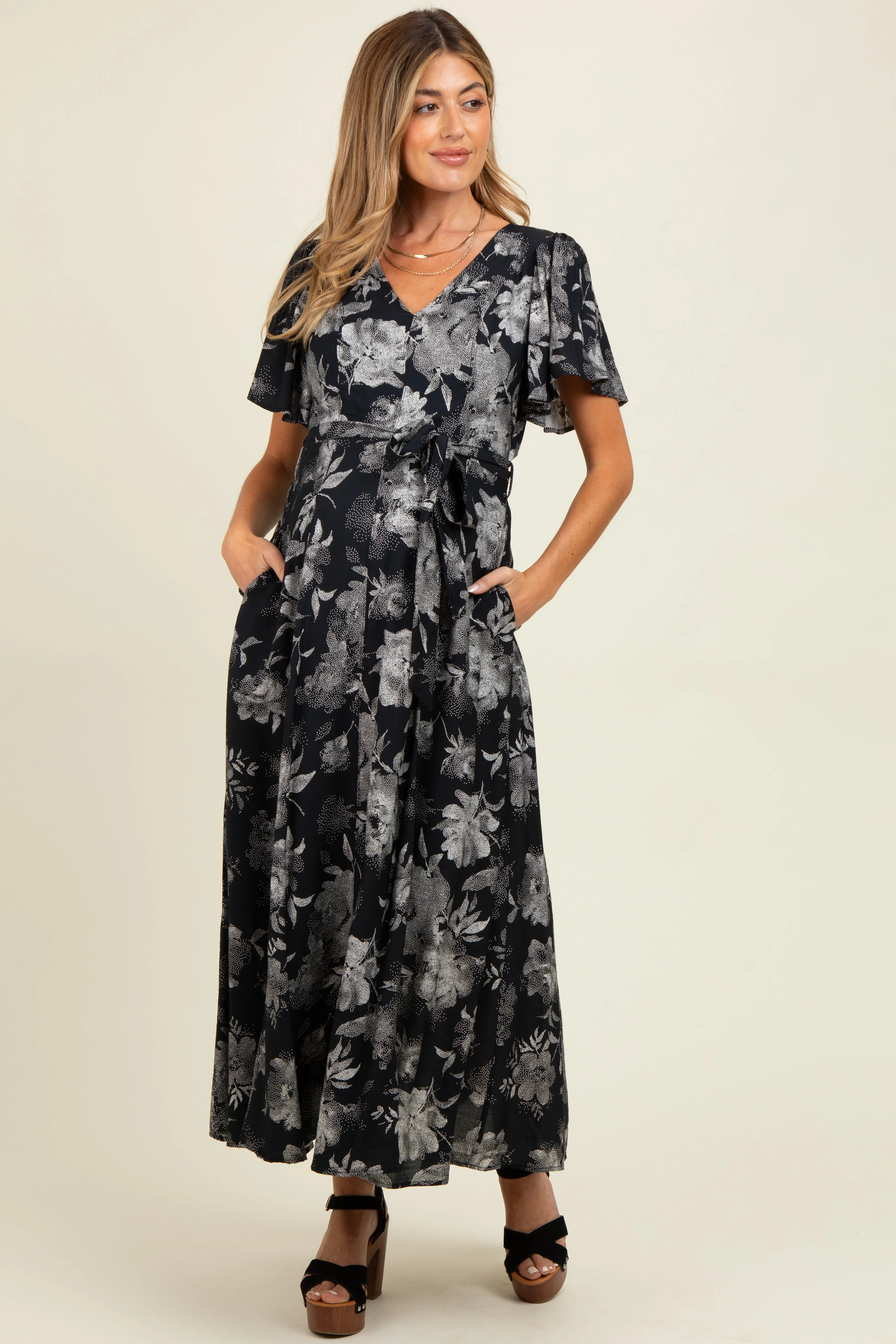 Black Multi Floral Flutter Sleeve Maternity Maxi Dress sold by Pinkblush product image thumbnail 2