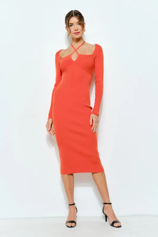 Orange Cutout Cross-Strap Knit Midi Dress sold by Pinkblush