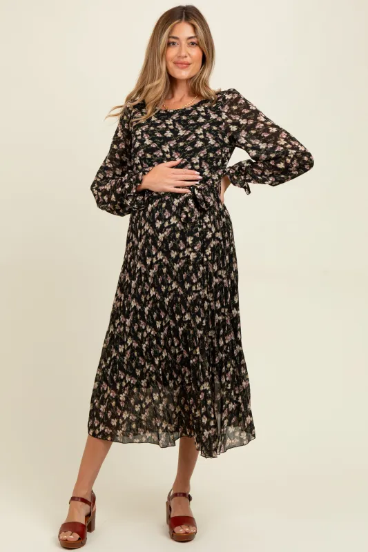 Black Floral Chiffon Long Sleeve Pleated Maternity Midi Dress sold by Pinkblush