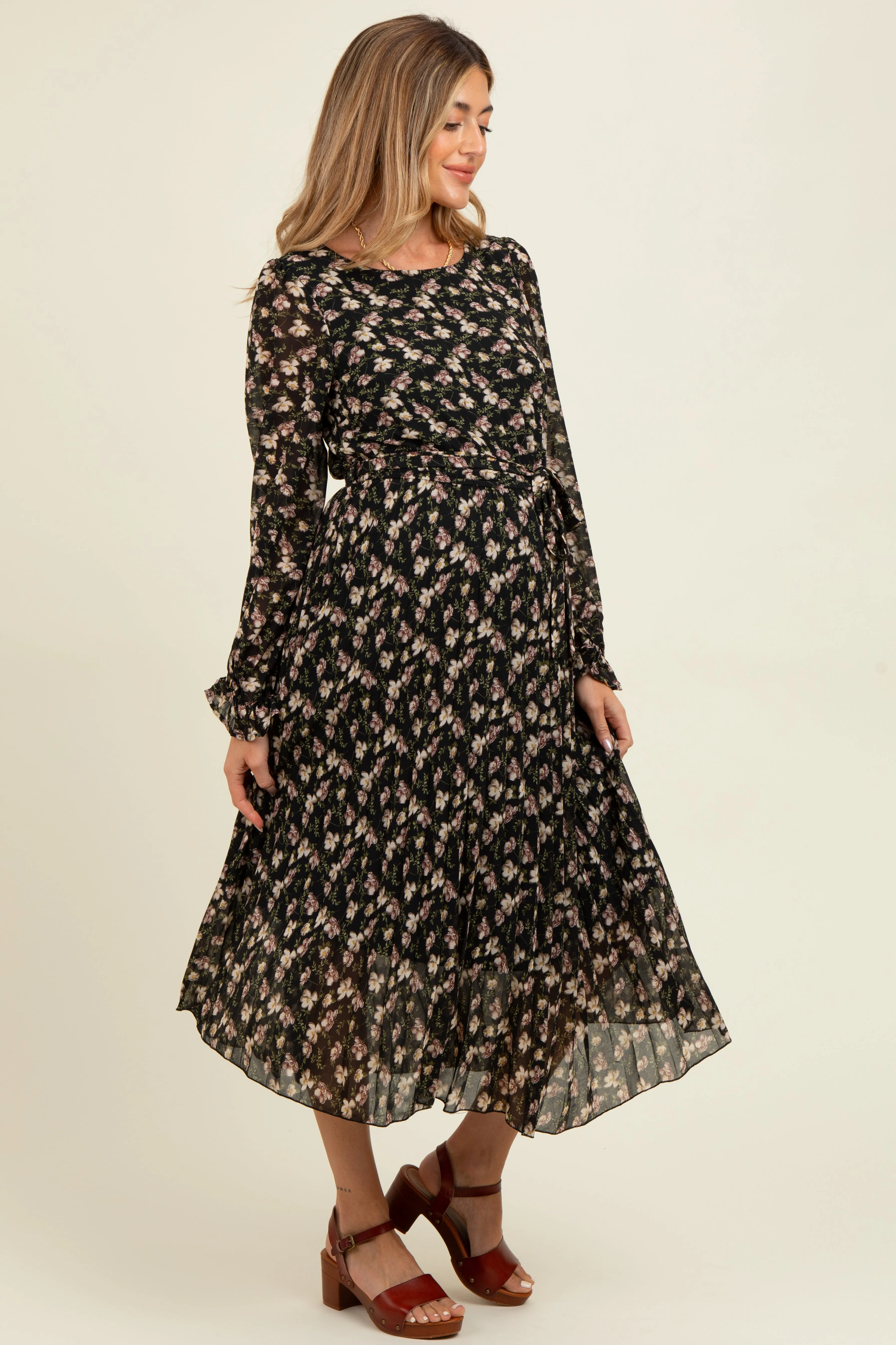 Black Floral Chiffon Long Sleeve Pleated Maternity Midi Dress sold by Pinkblush product image thumbnail 2
