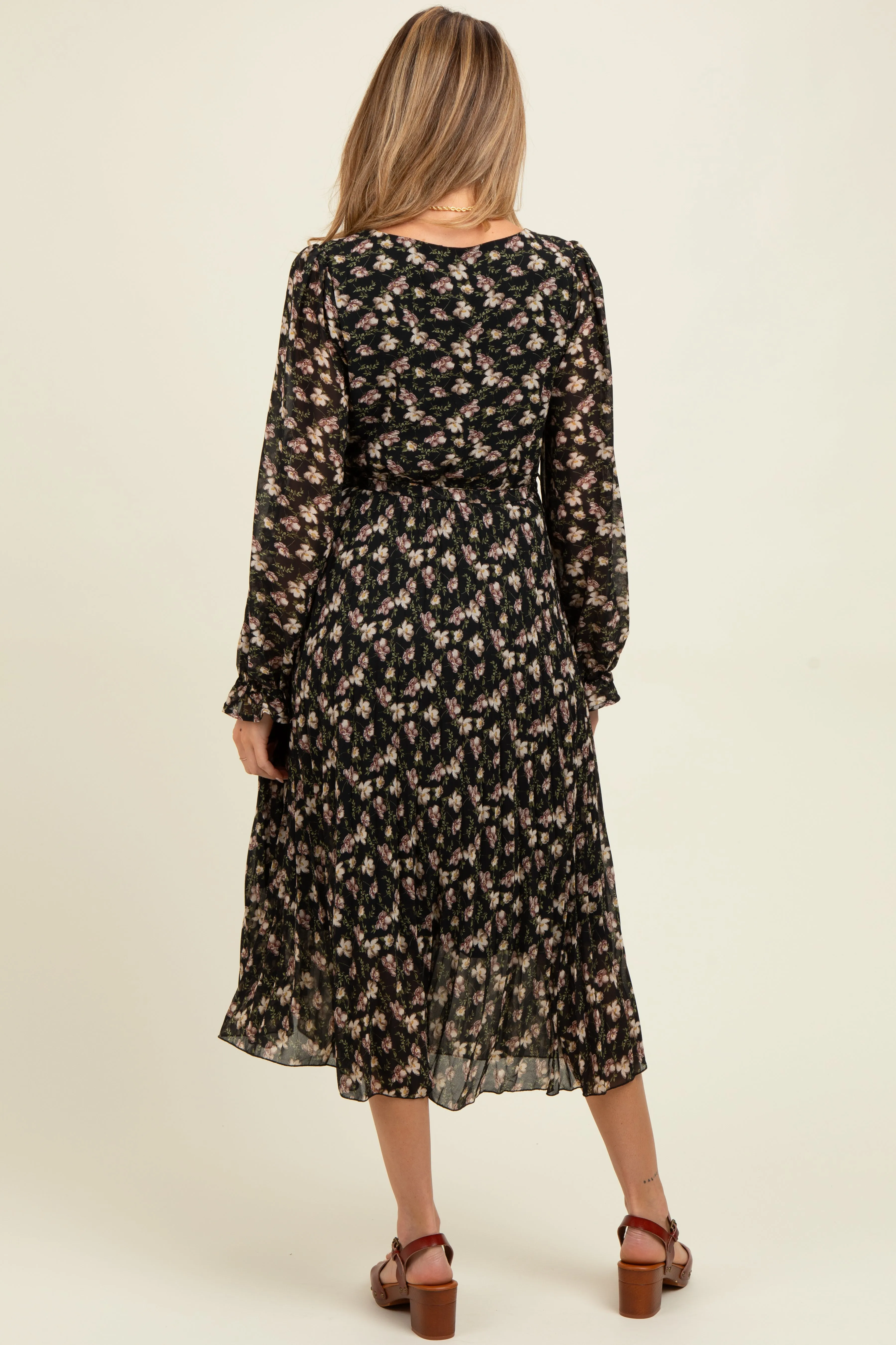 Black Floral Chiffon Long Sleeve Pleated Maternity Midi Dress sold by Pinkblush product image thumbnail 3