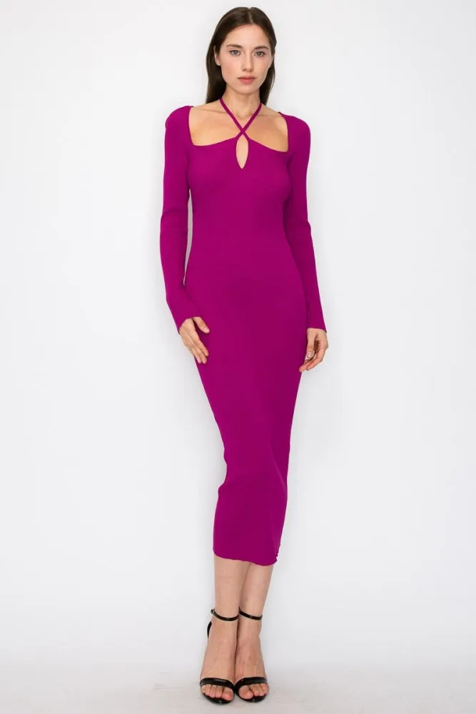 Magenta Cutout Cross-Strap Knit Midi Dress sold by Pinkblush