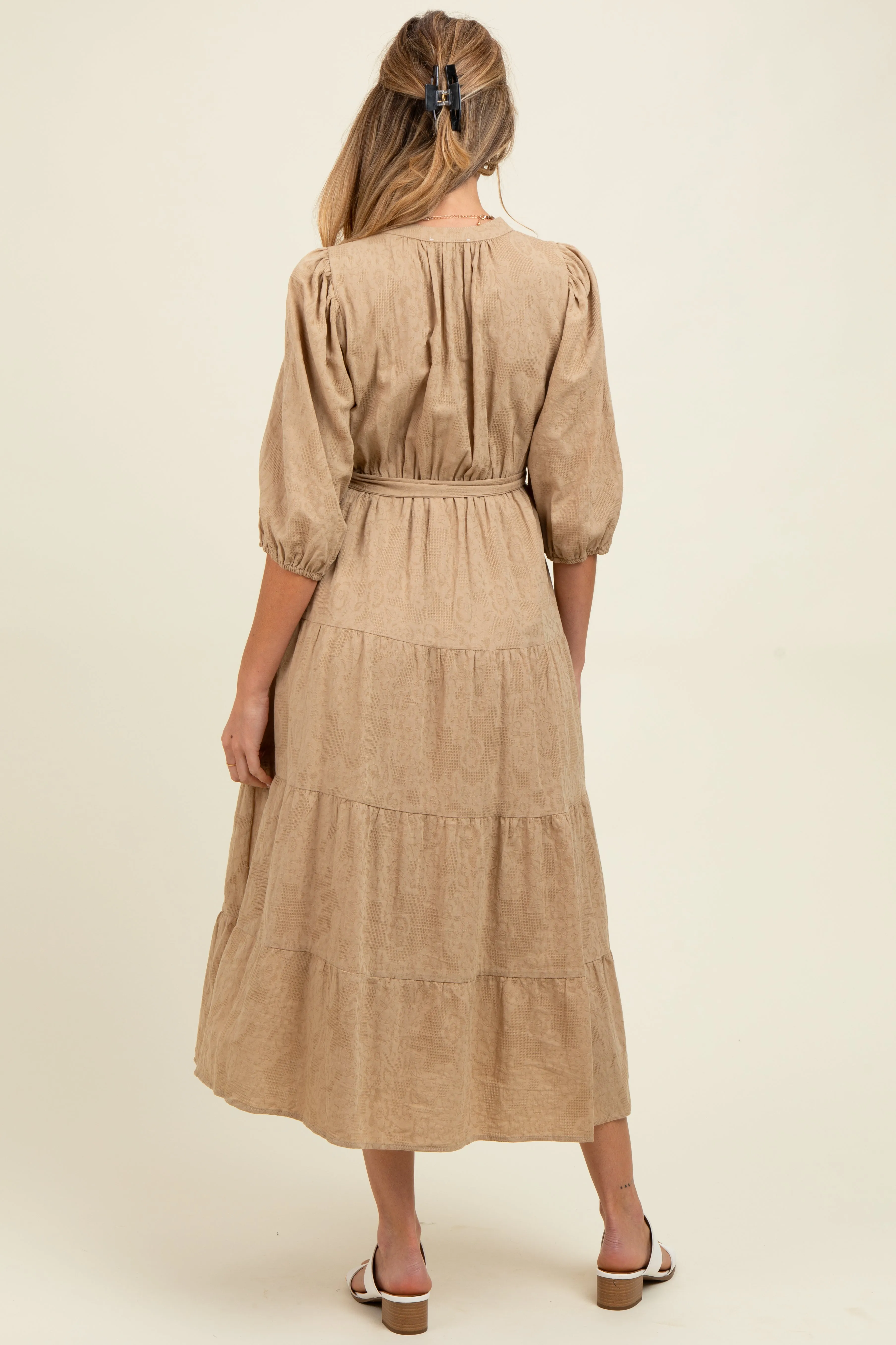 Taupe Floral Jacquard Button Front Tiered Maternity Dress sold by Pinkblush product image thumbnail 4