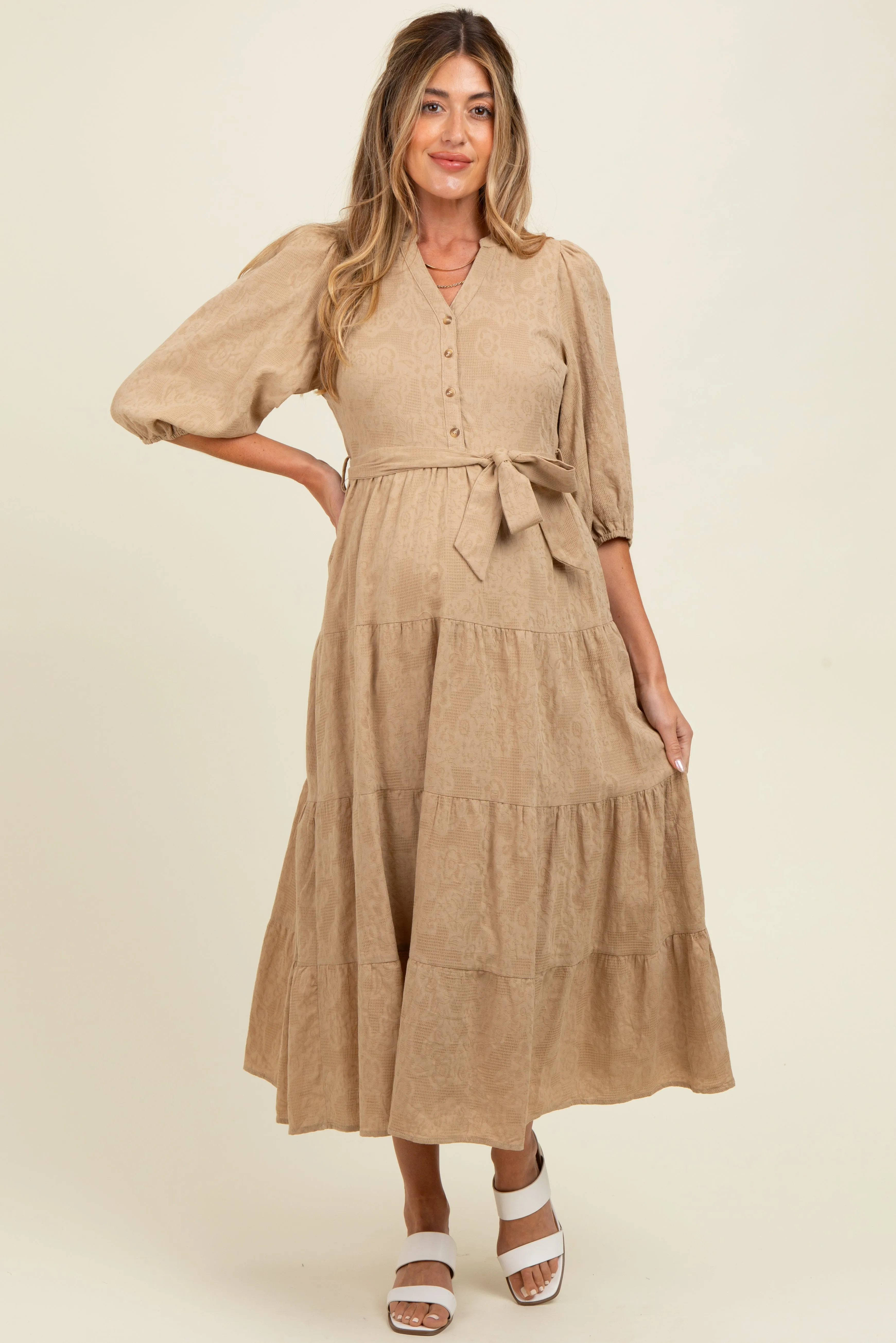 Taupe Floral Jacquard Button Front Tiered Maternity Dress sold by Pinkblush