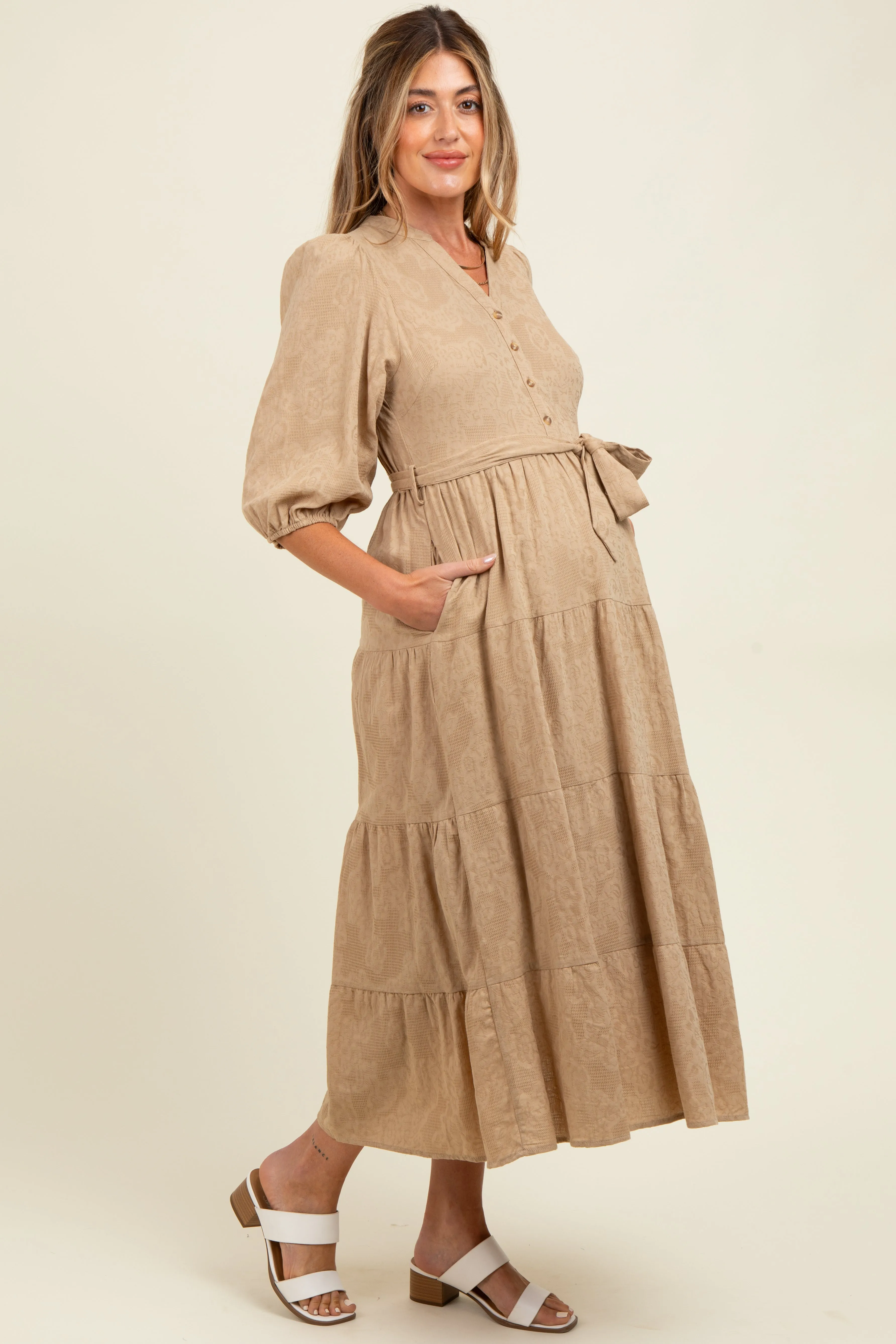 Taupe Floral Jacquard Button Front Tiered Maternity Dress sold by Pinkblush product image thumbnail 3