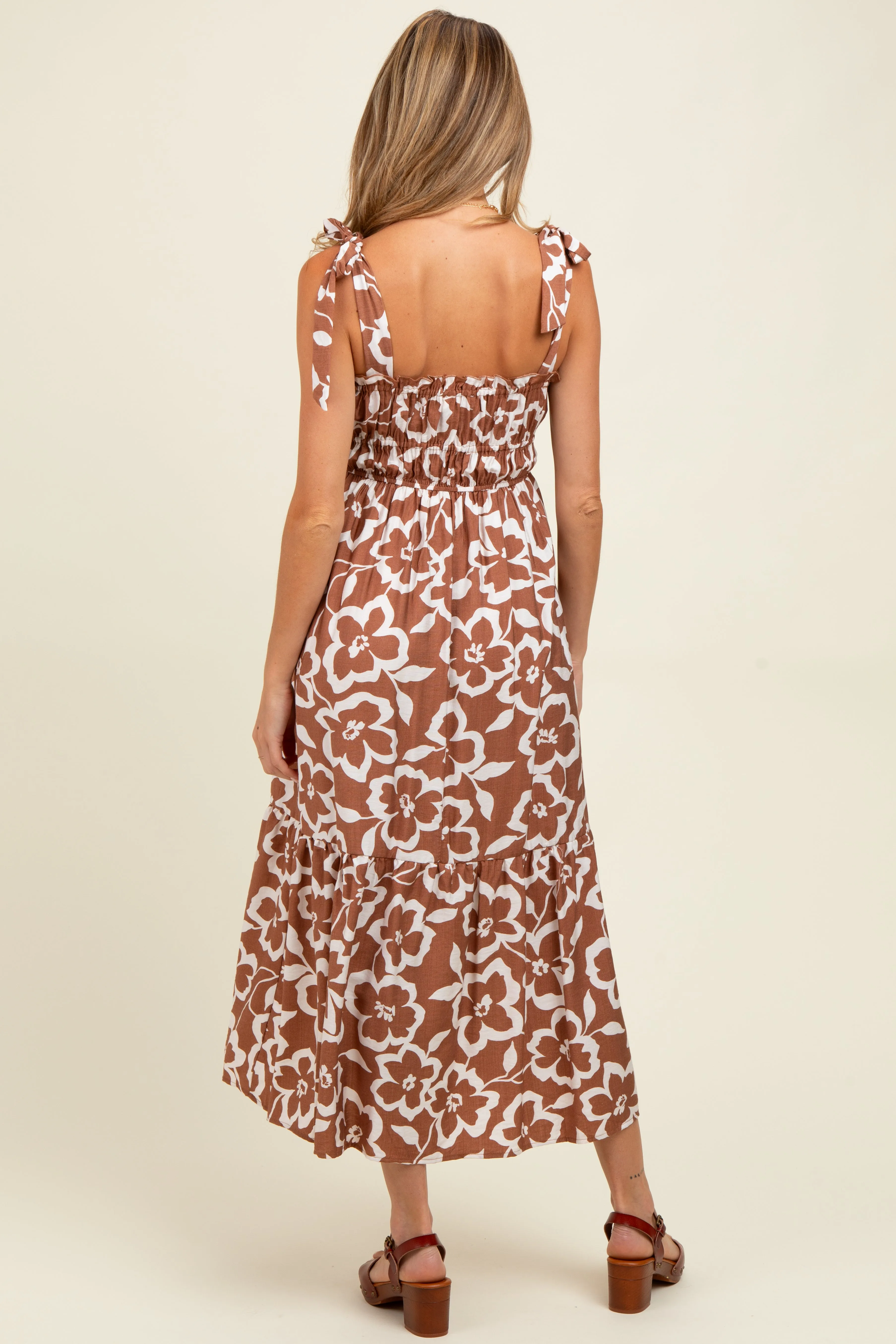 Mocha Floral Tiered Shoulder Tie Maternity Midi Dress sold by Pinkblush product image thumbnail 4