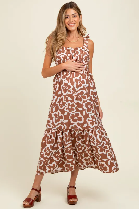 Mocha Floral Tiered Shoulder Tie Maternity Midi Dress sold by Pinkblush