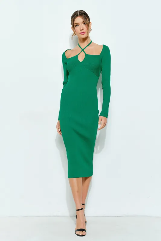 Green Cutout Cross-Strap Knit Midi Dress sold by Pinkblush