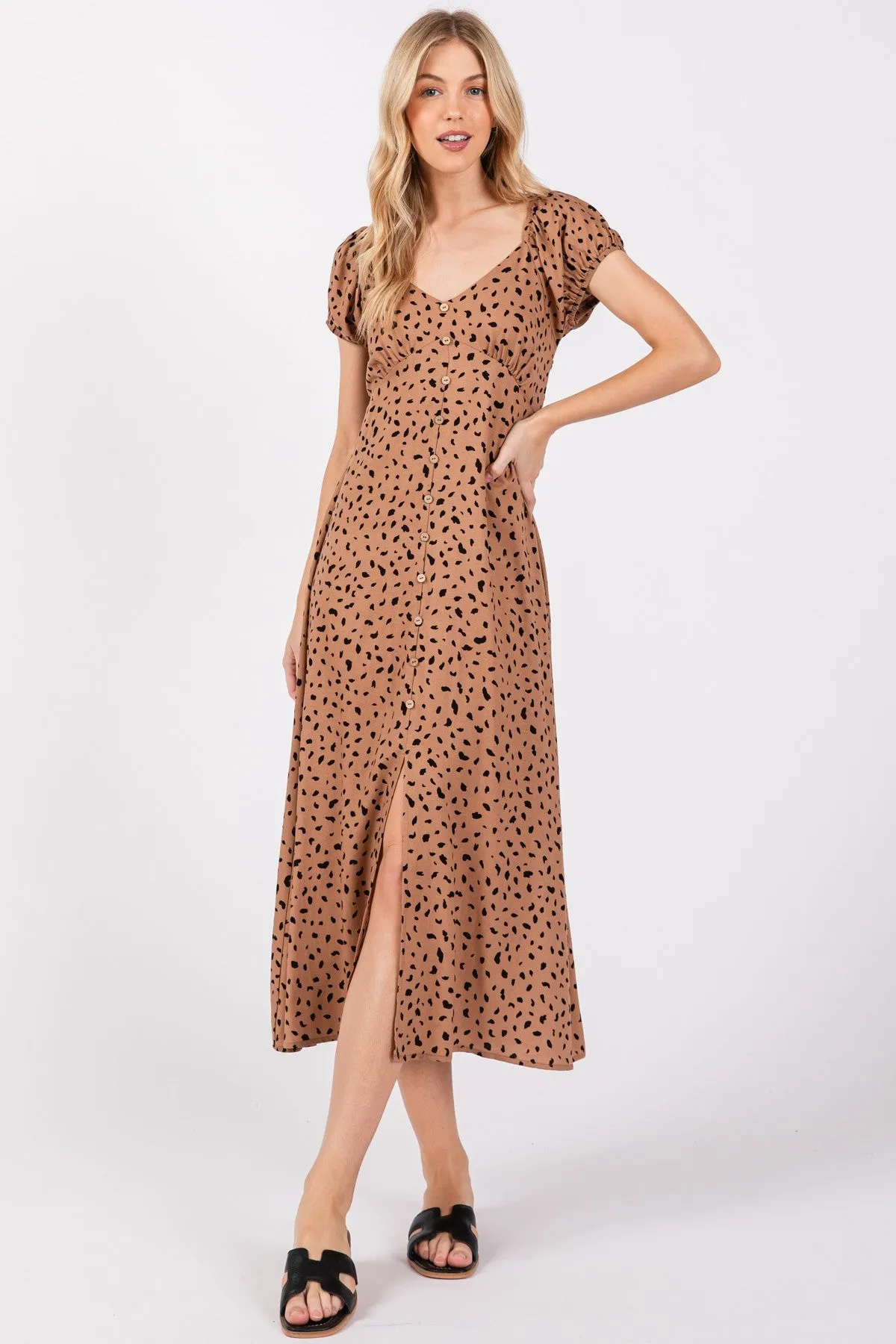 Camel Animal Print Button Accent Maternity Midi Dress sold by Pinkblush product image thumbnail 4