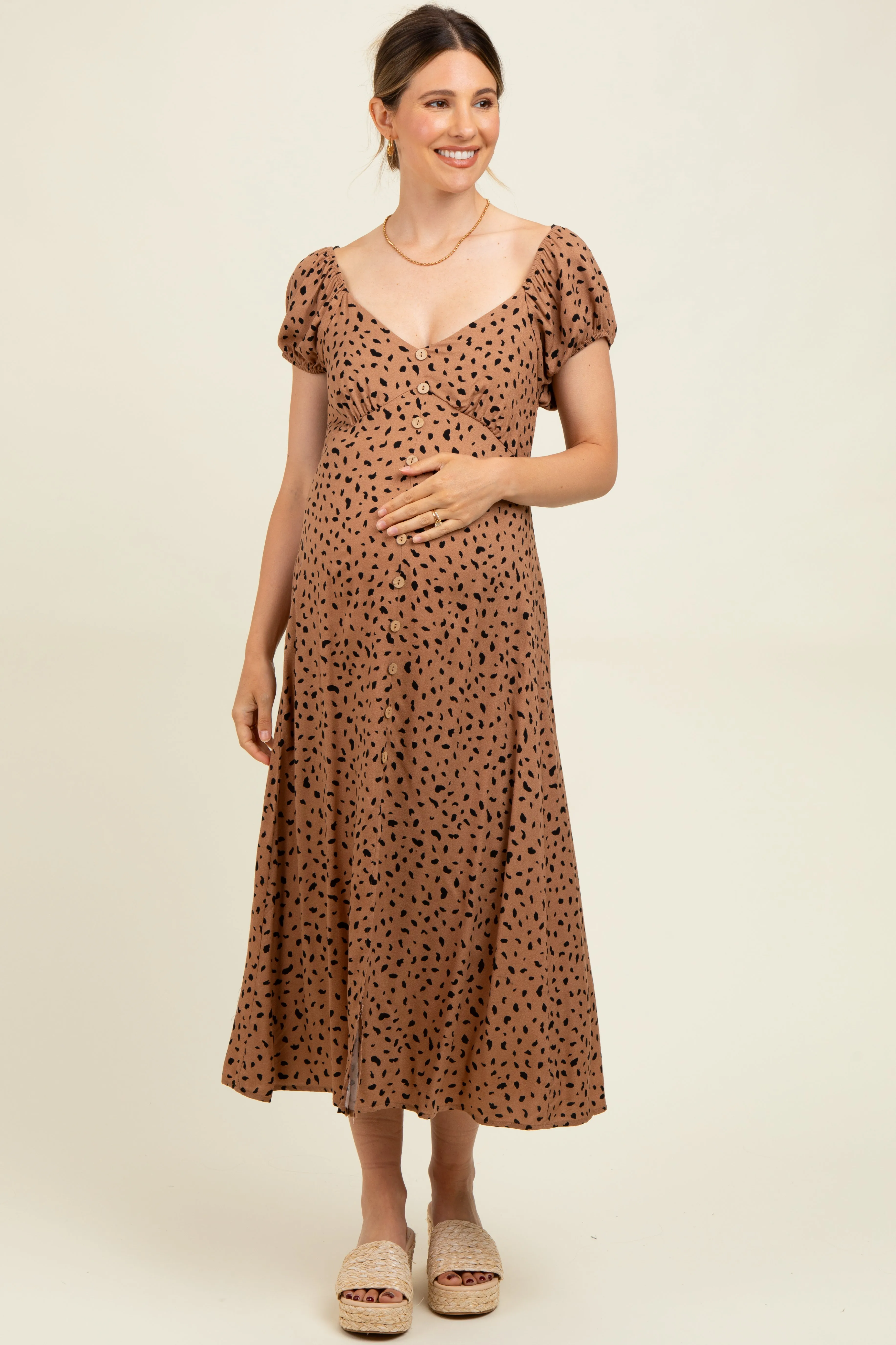 Camel Animal Print Button Accent Maternity Midi Dress sold by Pinkblush