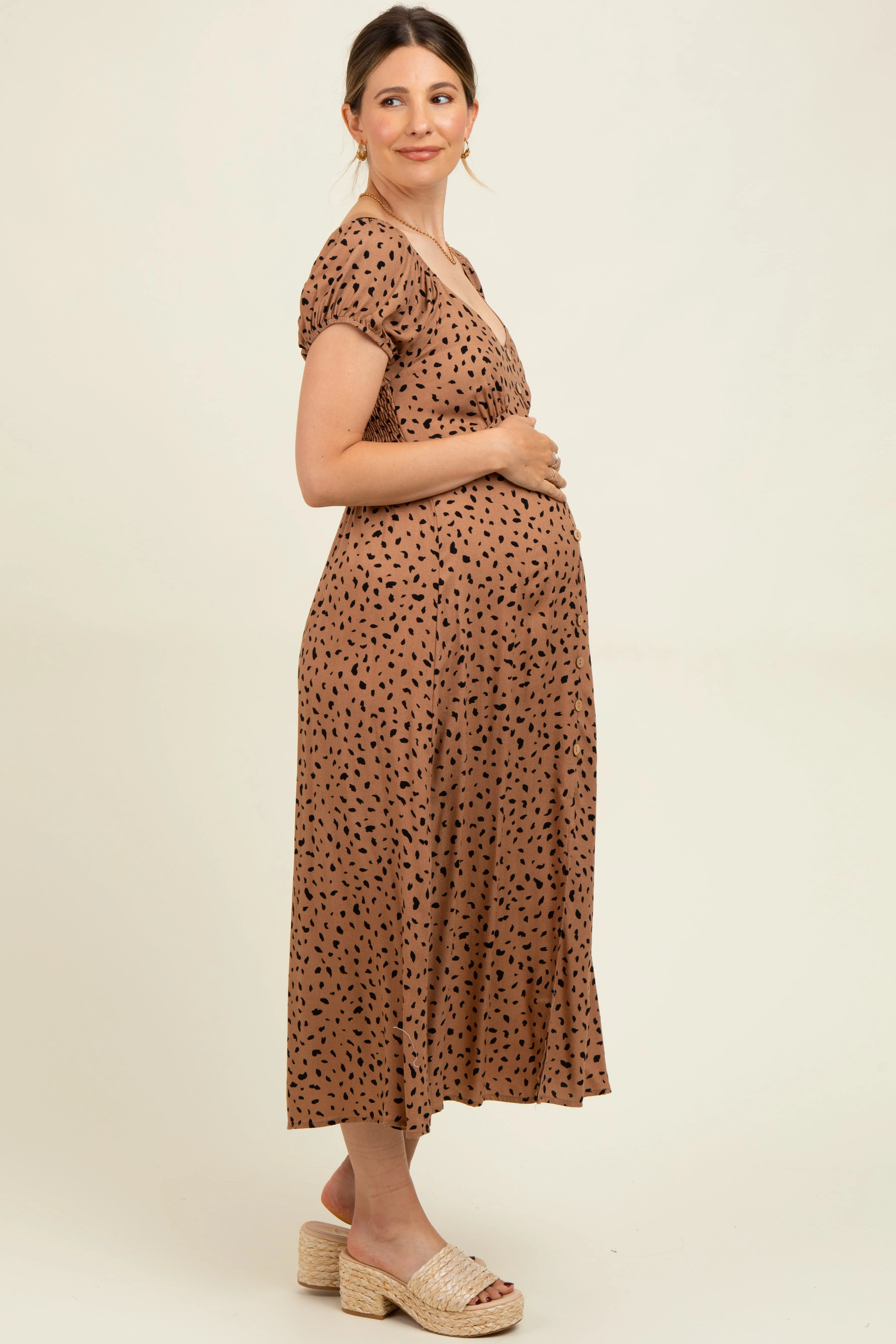 Camel Animal Print Button Accent Maternity Midi Dress sold by Pinkblush product image thumbnail 2