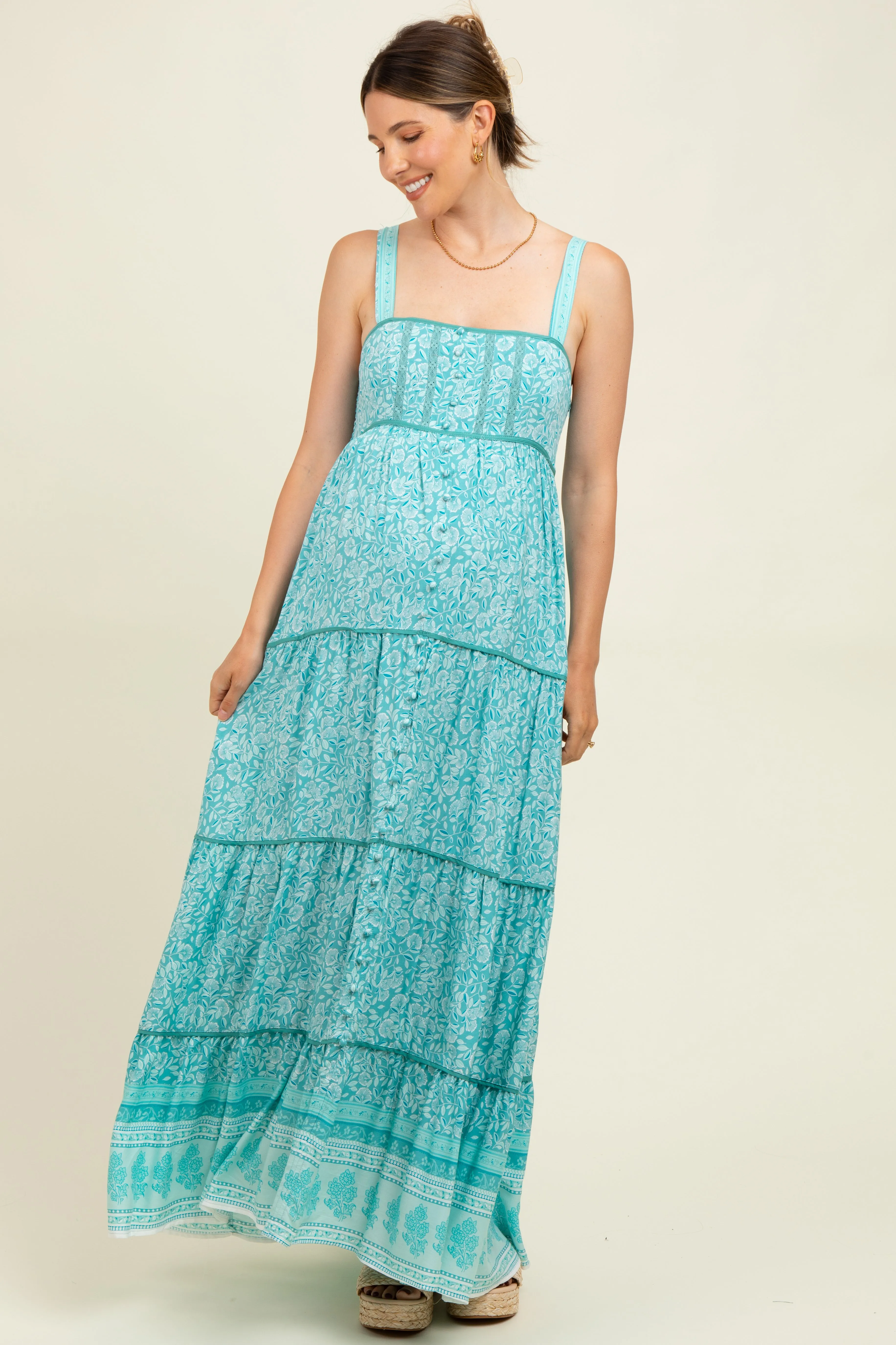 Aqua Border Print Sleeveless Maternity Maxi Dress sold by Pinkblush