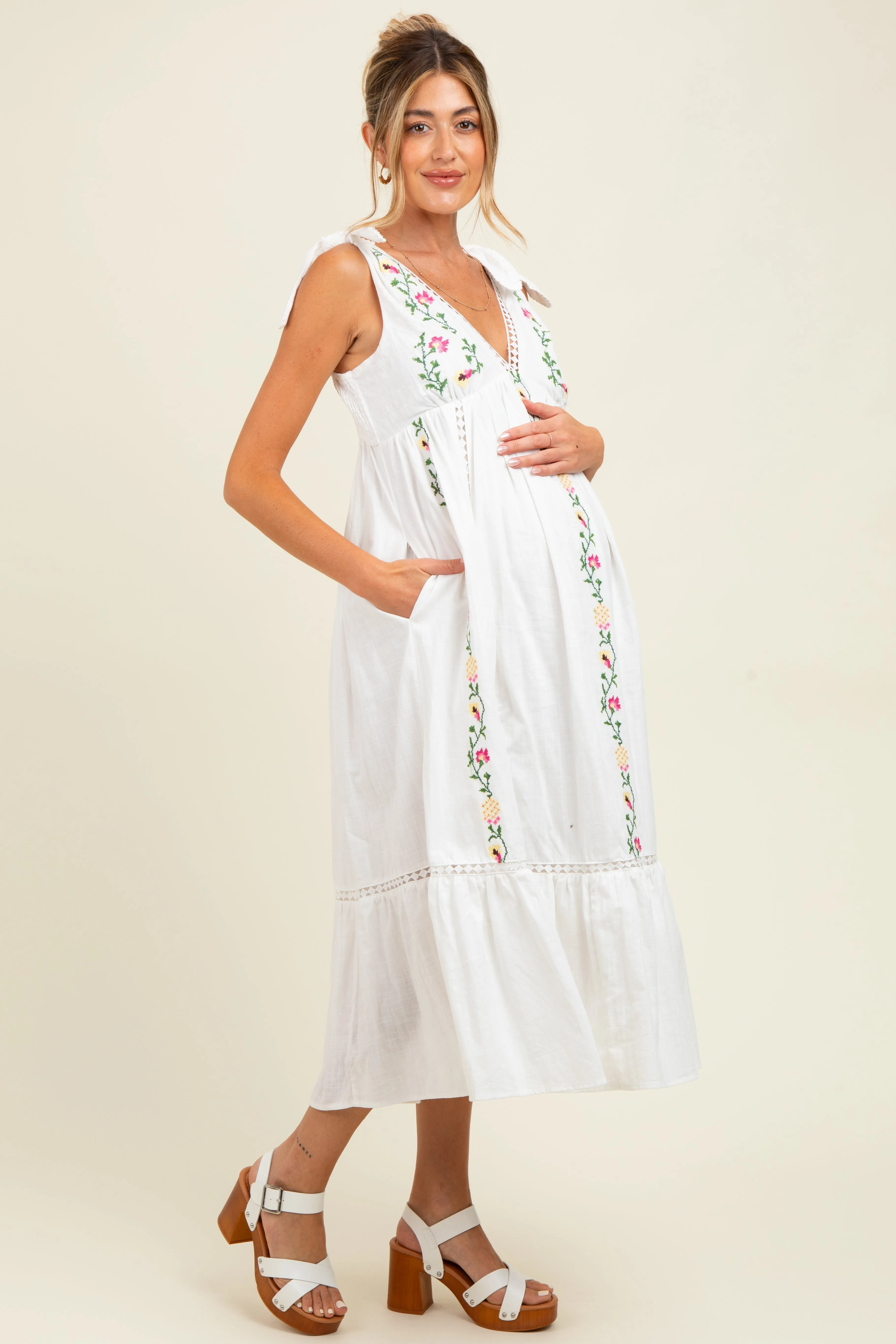Ivory Embroidered Cotton Summer Maternity Maxi Dress sold by Pinkblush product image thumbnail 3