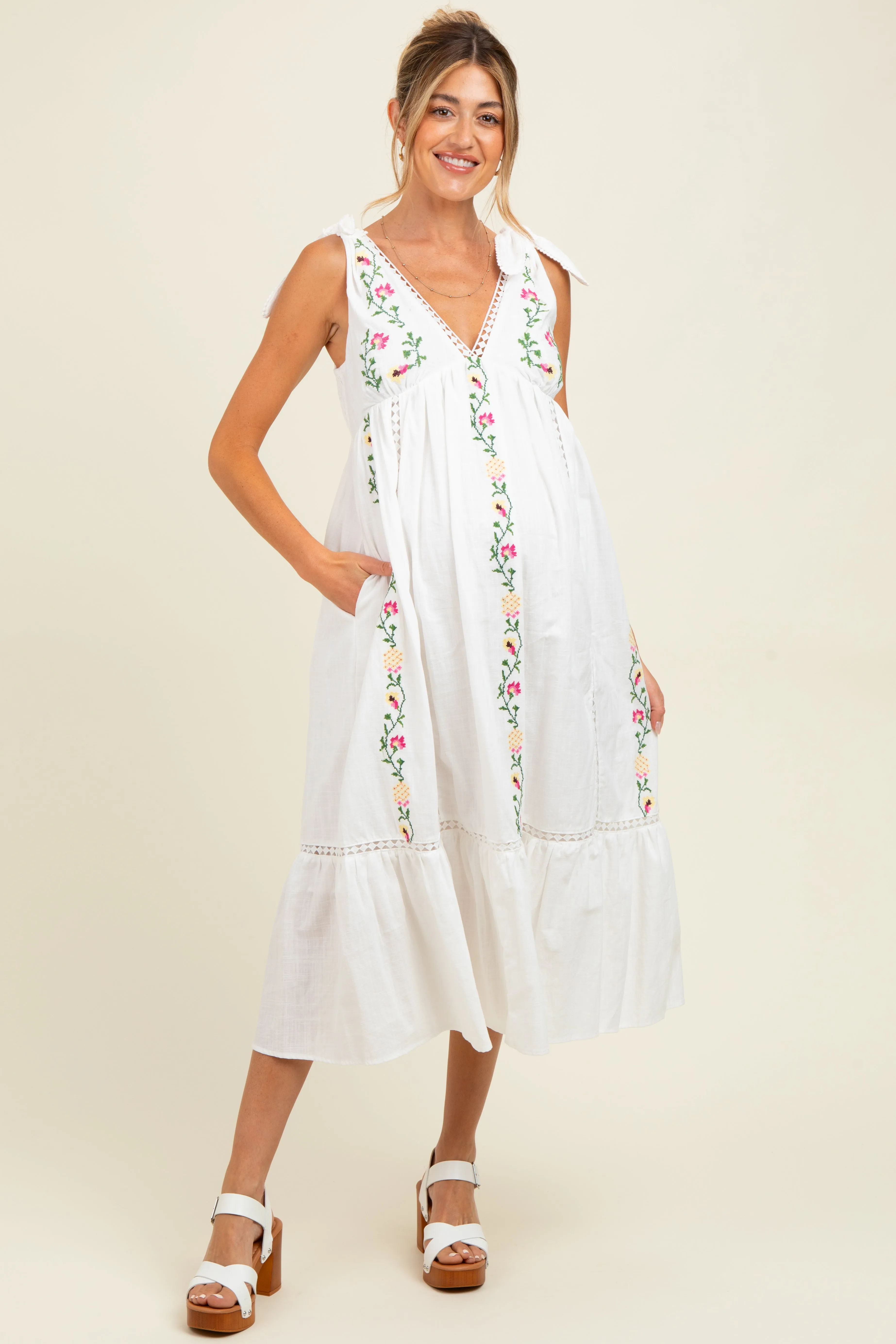 Ivory Embroidered Cotton Summer Maternity Maxi Dress sold by Pinkblush